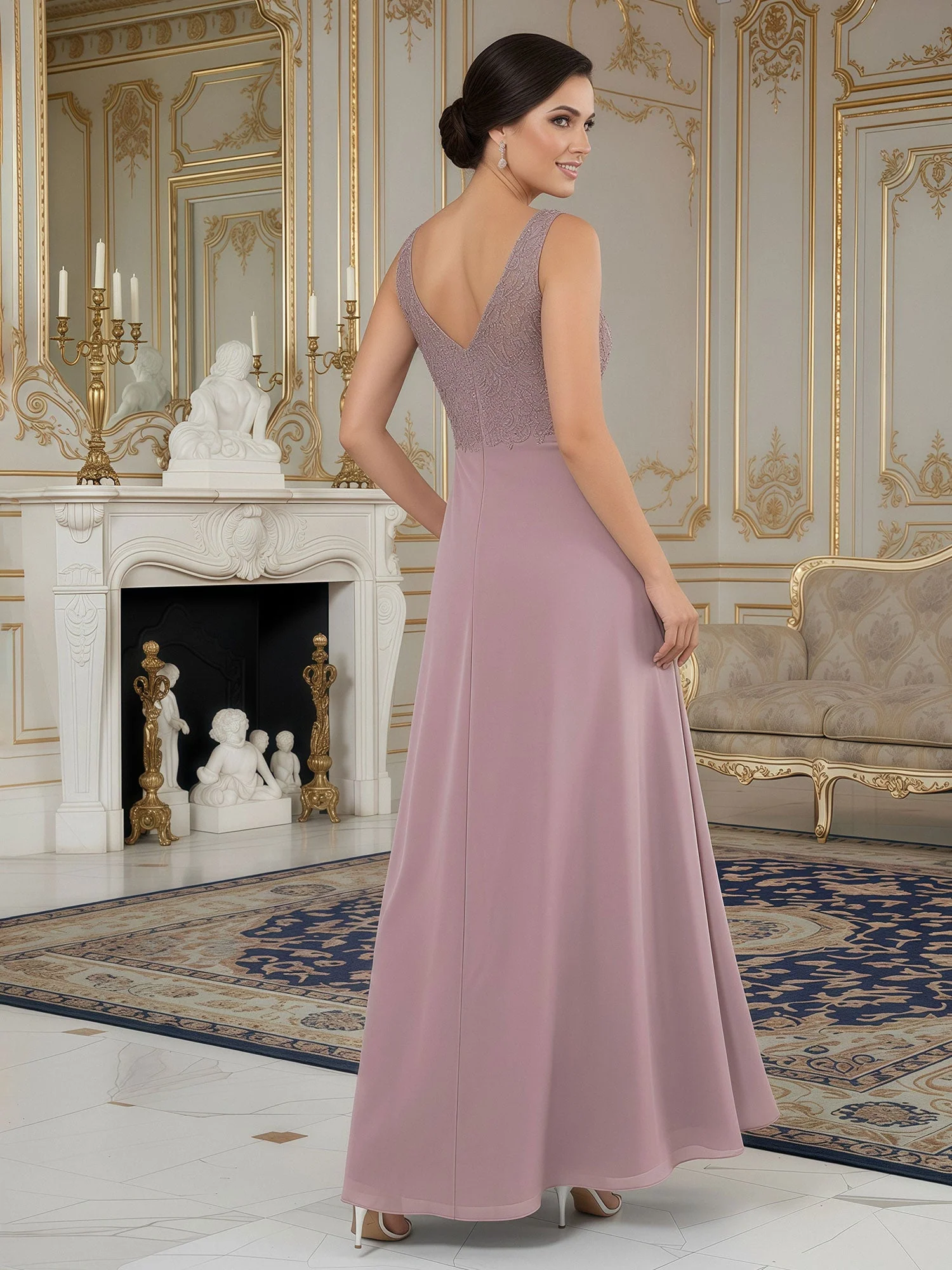 A-Linie Spitze V-Ausschnitt Chiffon Asymmetrisch Kleid Rost - Image 2