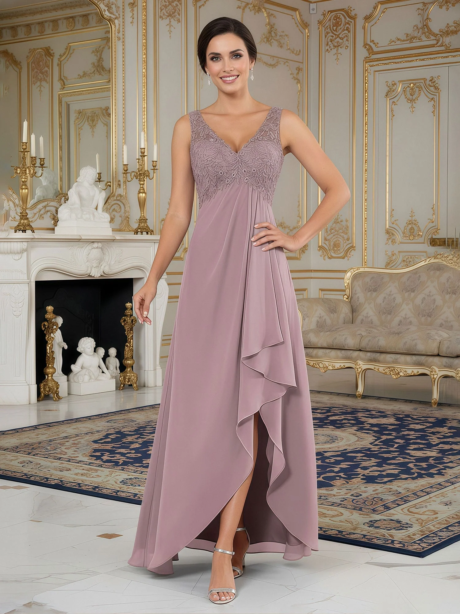 A-Linie Spitze V-Ausschnitt Chiffon Asymmetrisch Kleid Tinte Blau