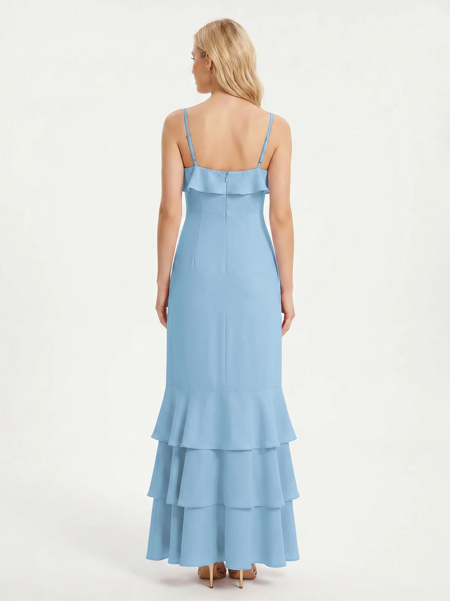 Maxikleid mit Spaghettiträgern und Gestuftem Rüschensaum Blau - Image 2