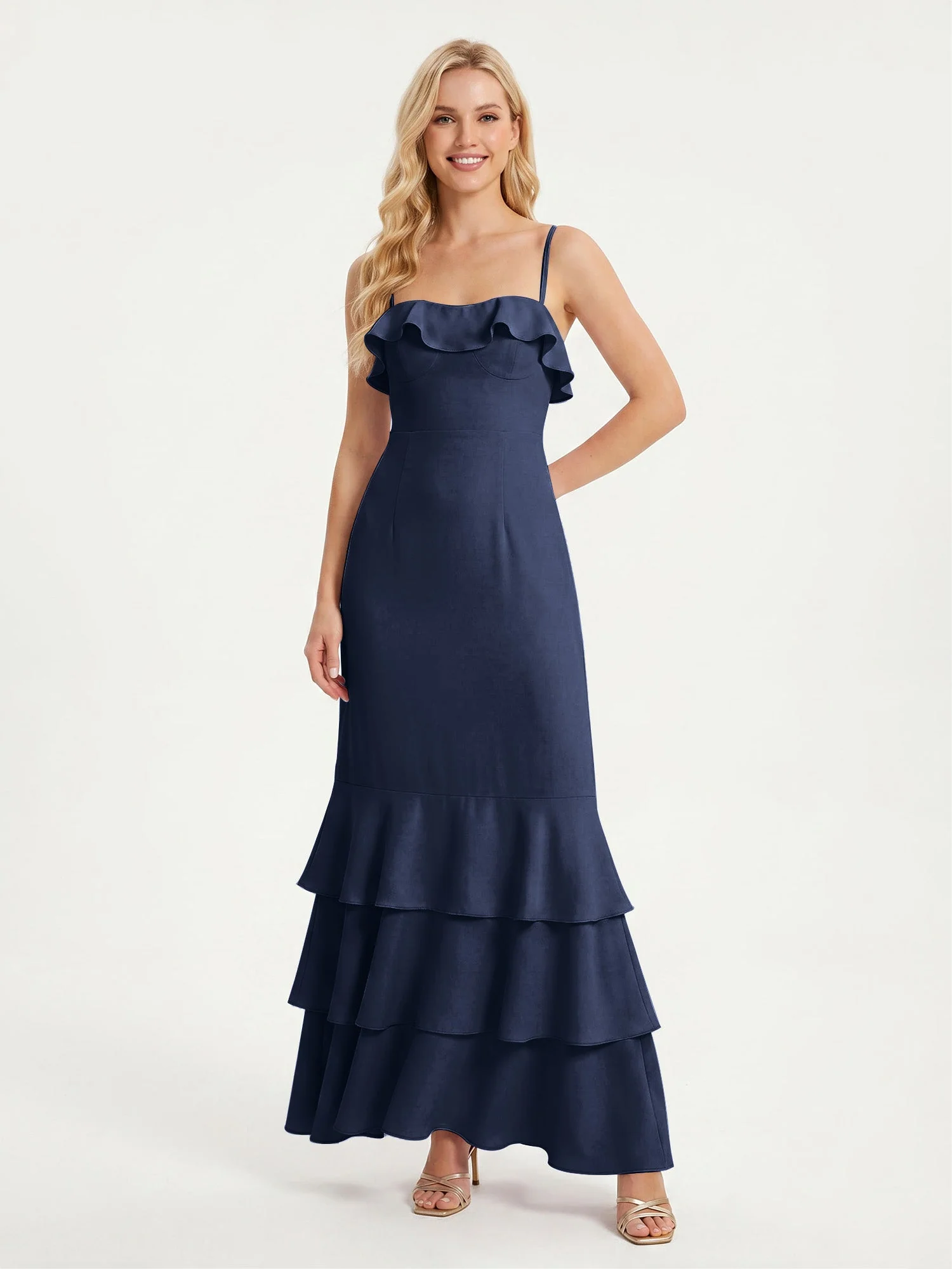 Maxikleid mit Spaghettiträgern und Gestuftem Rüschensaum Dunkelmarine