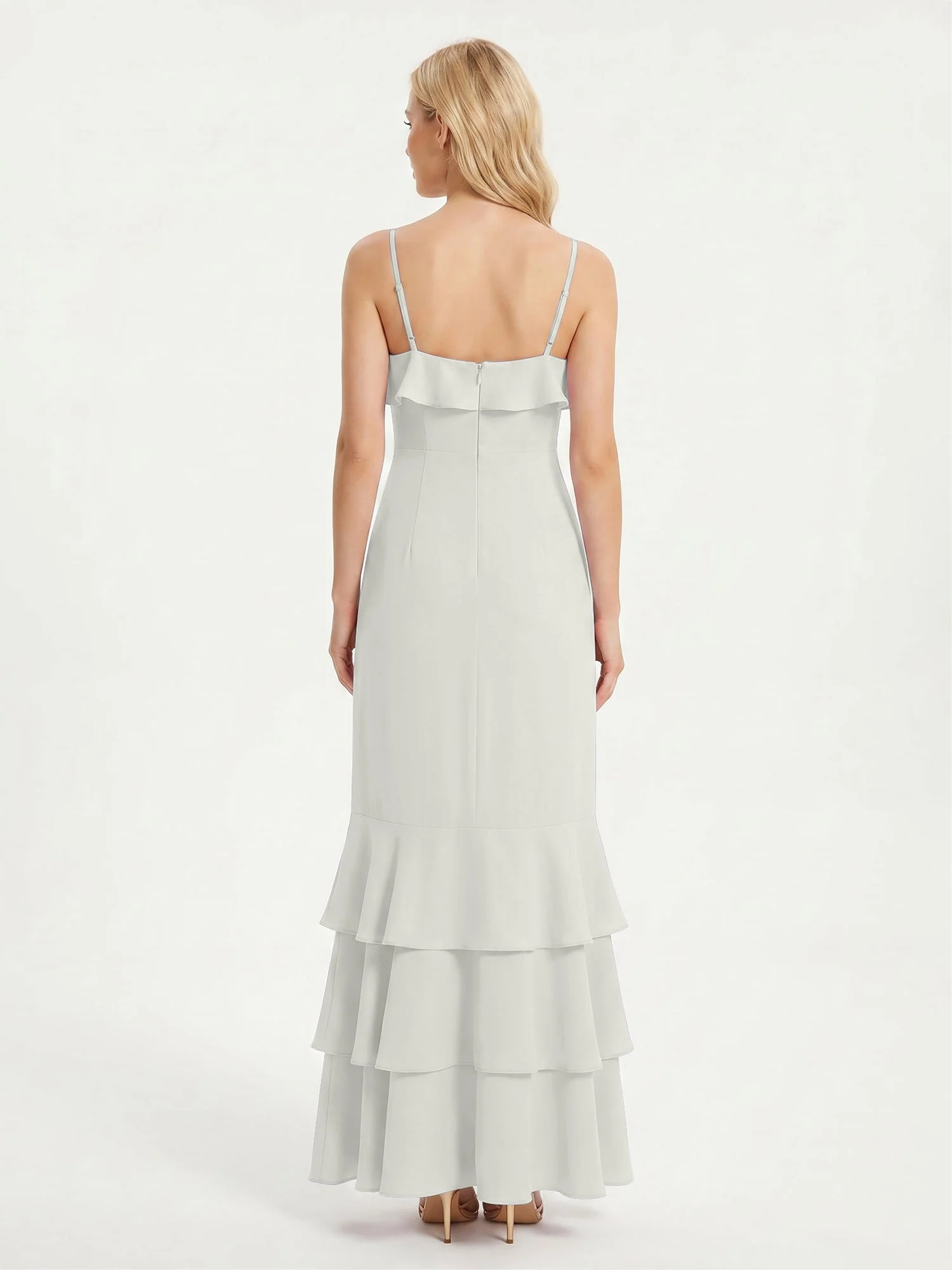 Maxikleid mit Spaghettiträgern und Gestuftem Rüschensaum Elfenbein - Image 2