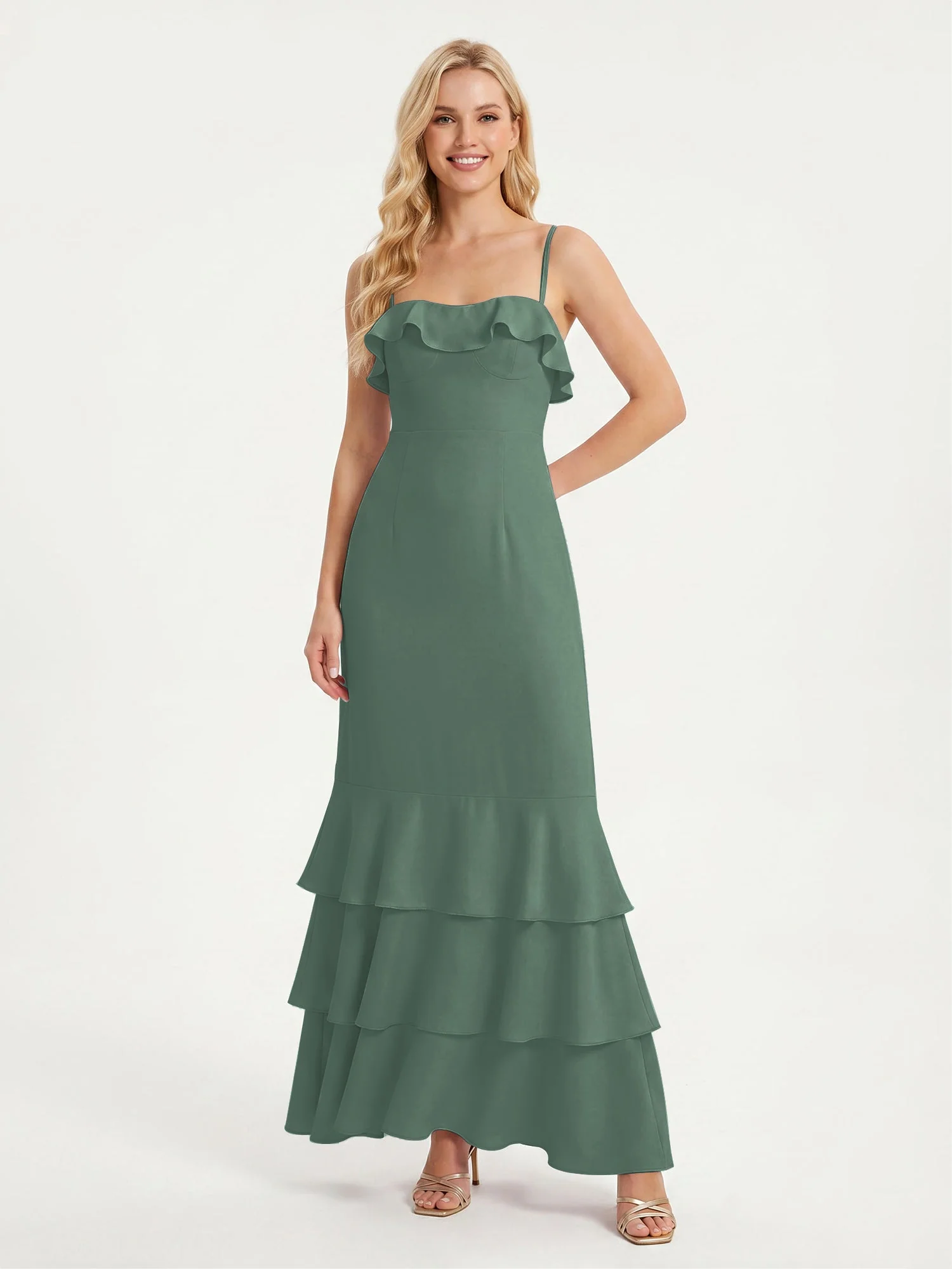 Maxikleid mit Spaghettiträgern und Gestuftem Rüschensaum Eukalyptus