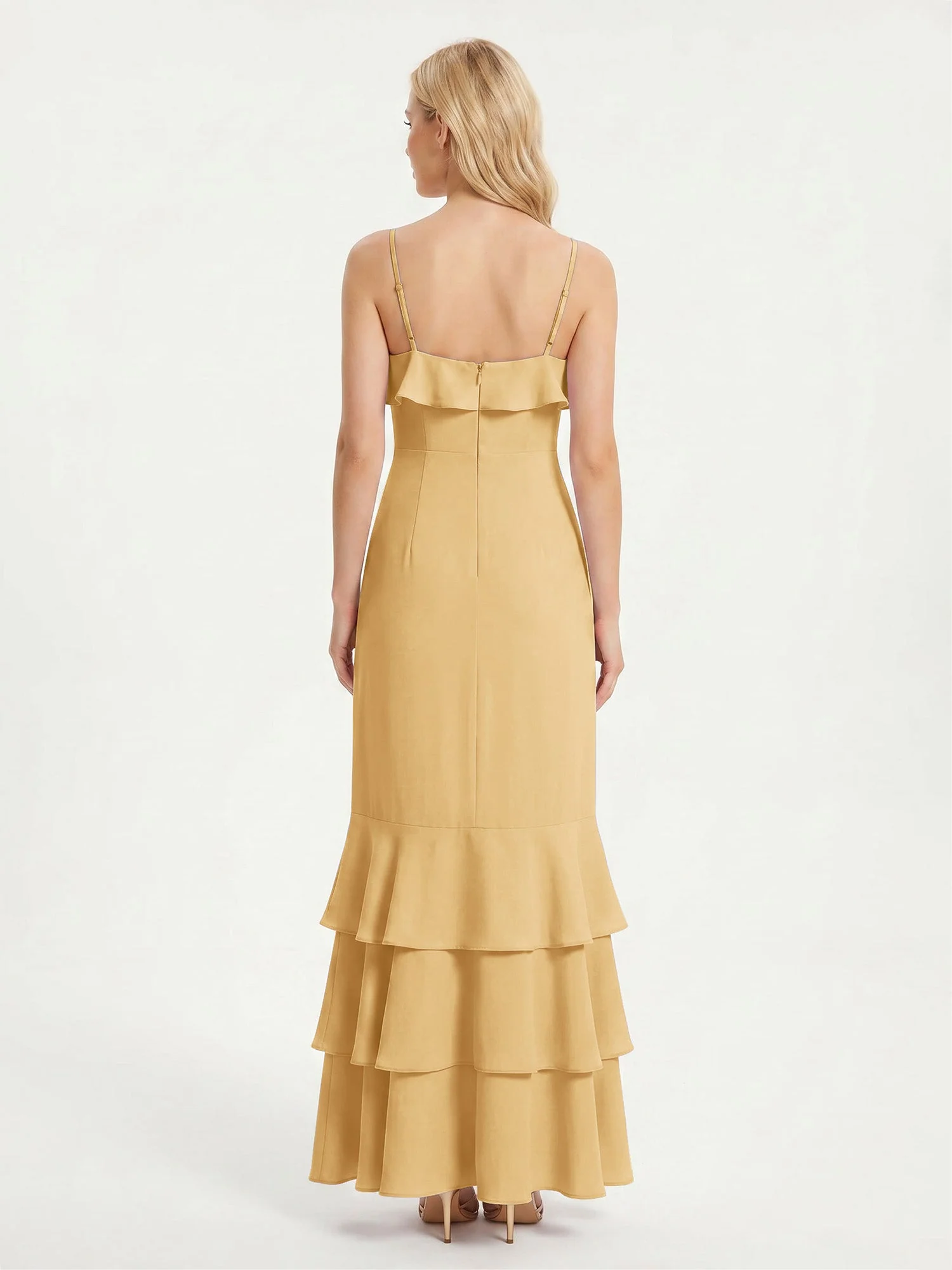 Maxikleid mit Spaghettiträgern und Gestuftem Rüschensaum Gold - Image 2
