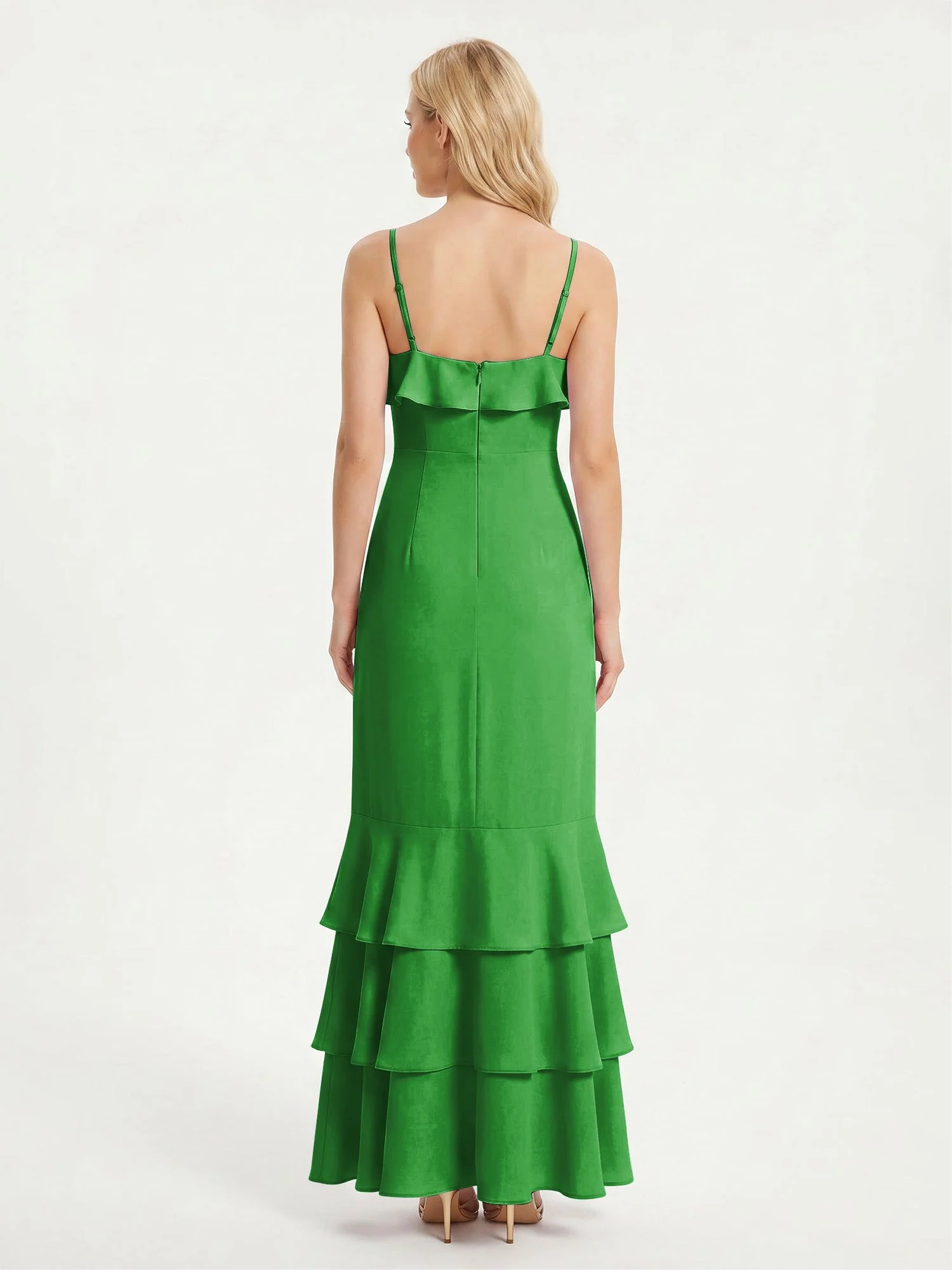 Maxikleid mit Spaghettiträgern und Gestuftem Rüschensaum Grün - Image 2