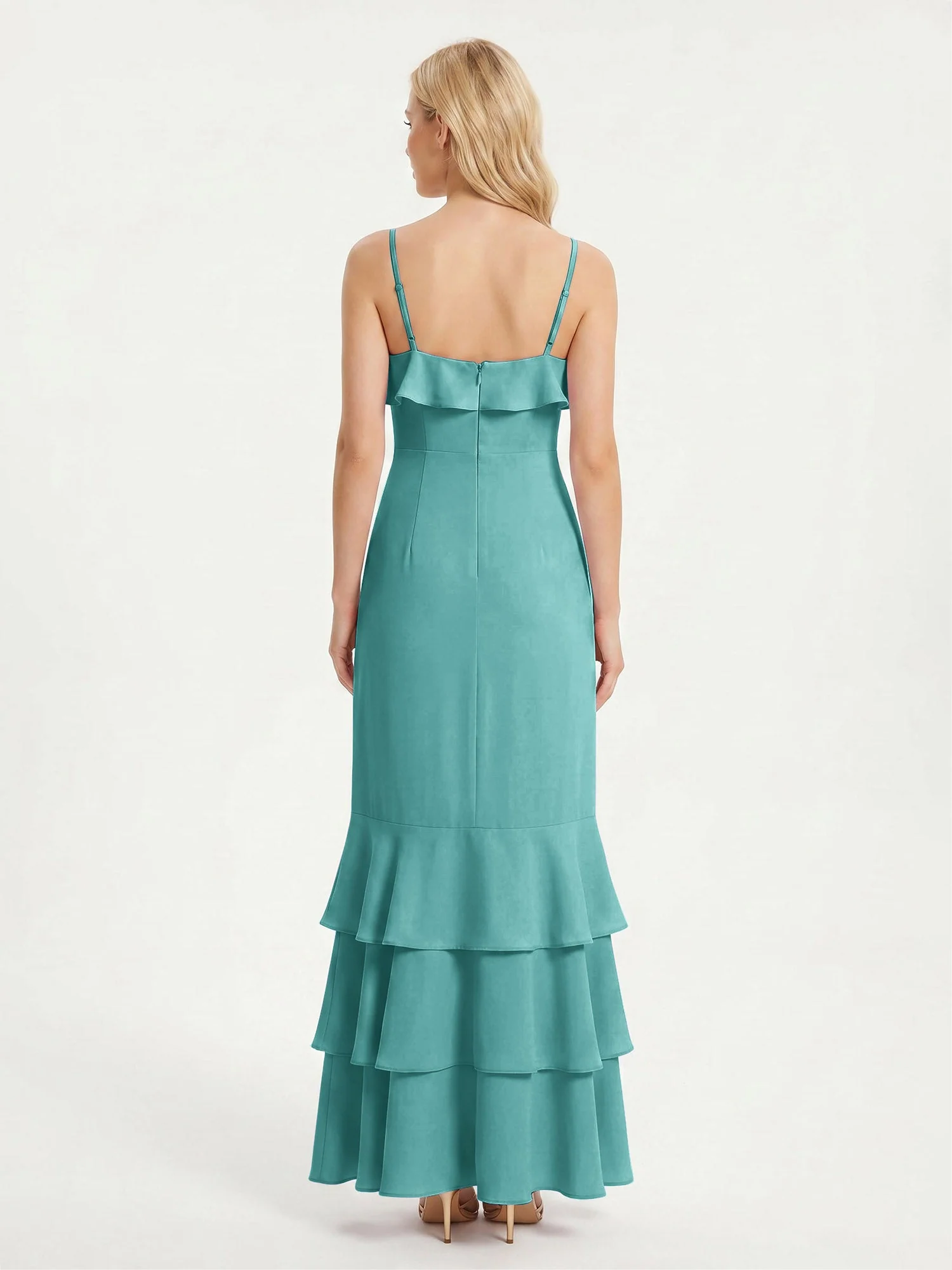 Maxikleid mit Spaghettiträgern und Gestuftem Rüschensaum Jade - Image 2