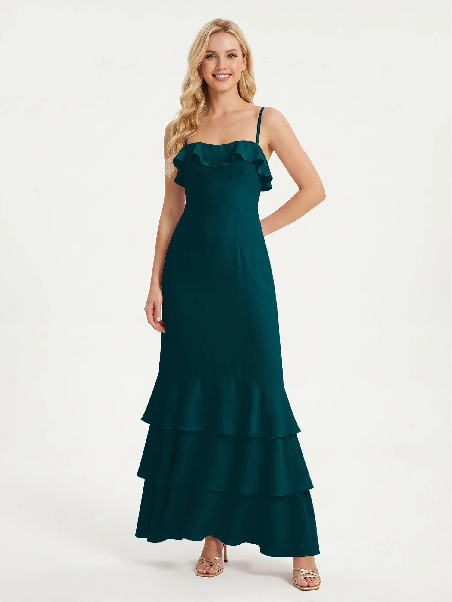 Maxikleid mit Spaghettiträgern und Gestuftem Rüschensaum Kieferngrün