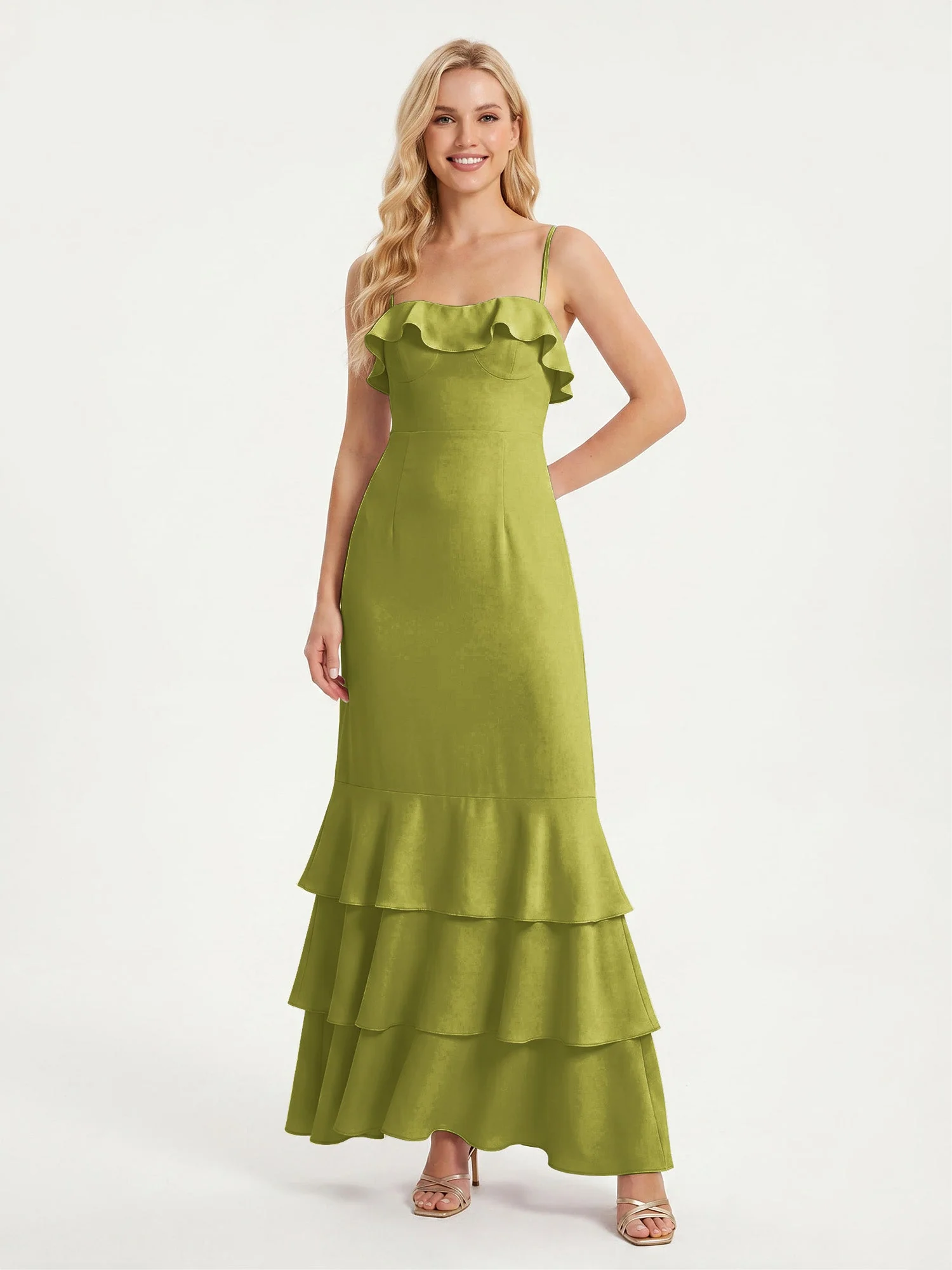 Maxikleid mit Spaghettiträgern und Gestuftem Rüschensaum Kleegrün