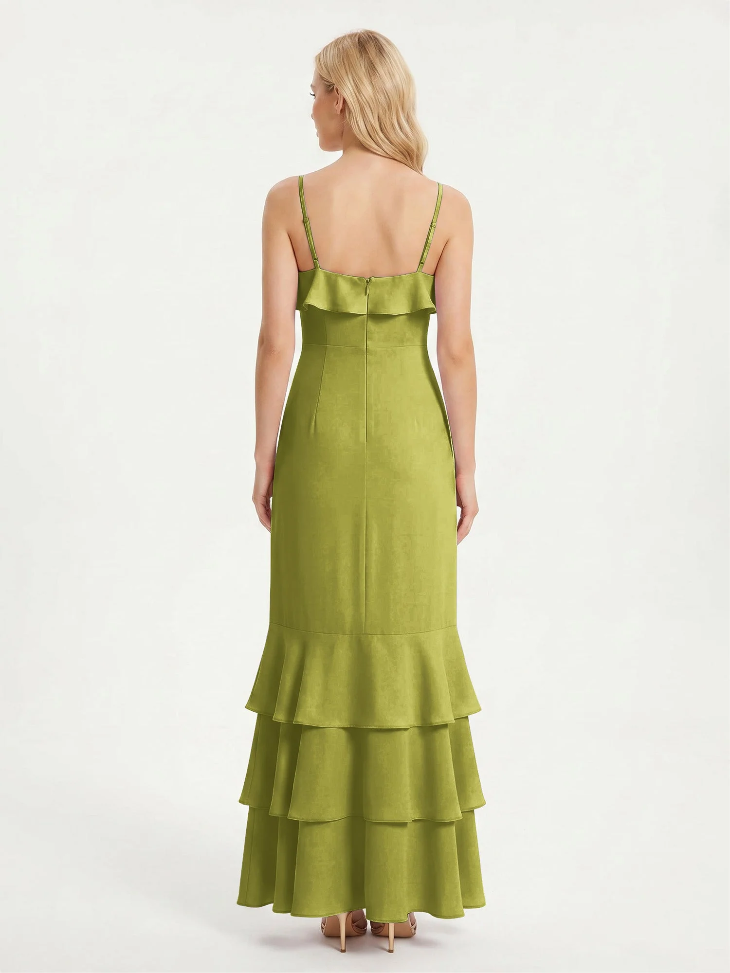 Maxikleid mit Spaghettiträgern und Gestuftem Rüschensaum Kleegrün - Image 2