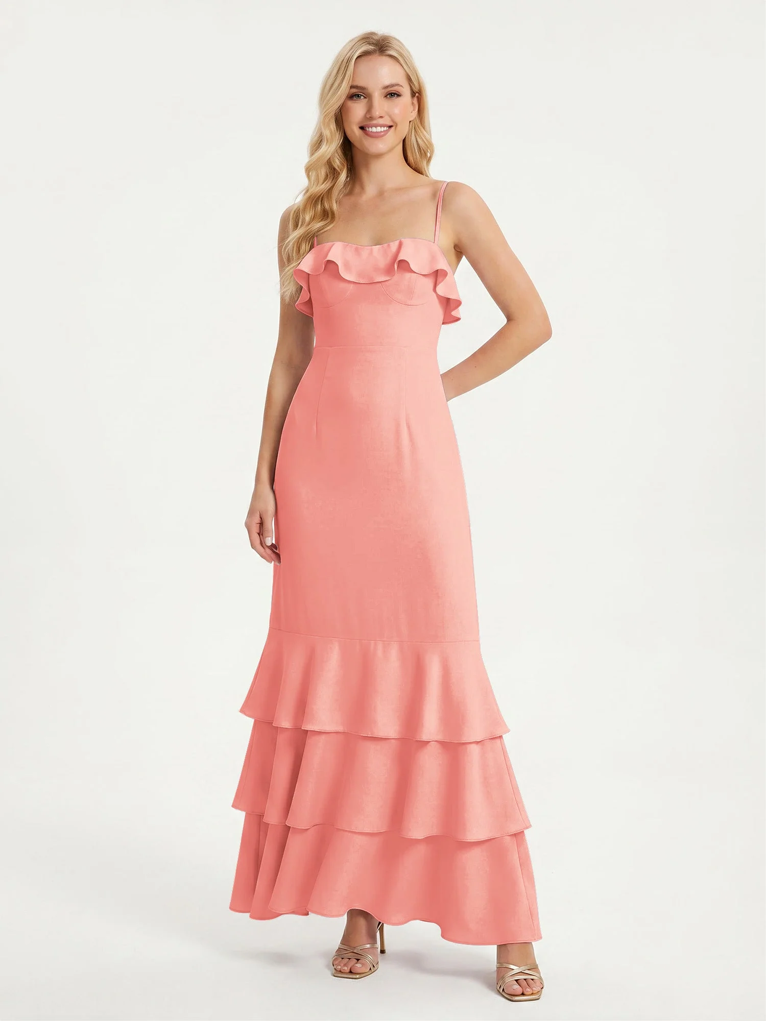 Maxikleid mit Spaghettiträgern und Gestuftem Rüschensaum Koralle