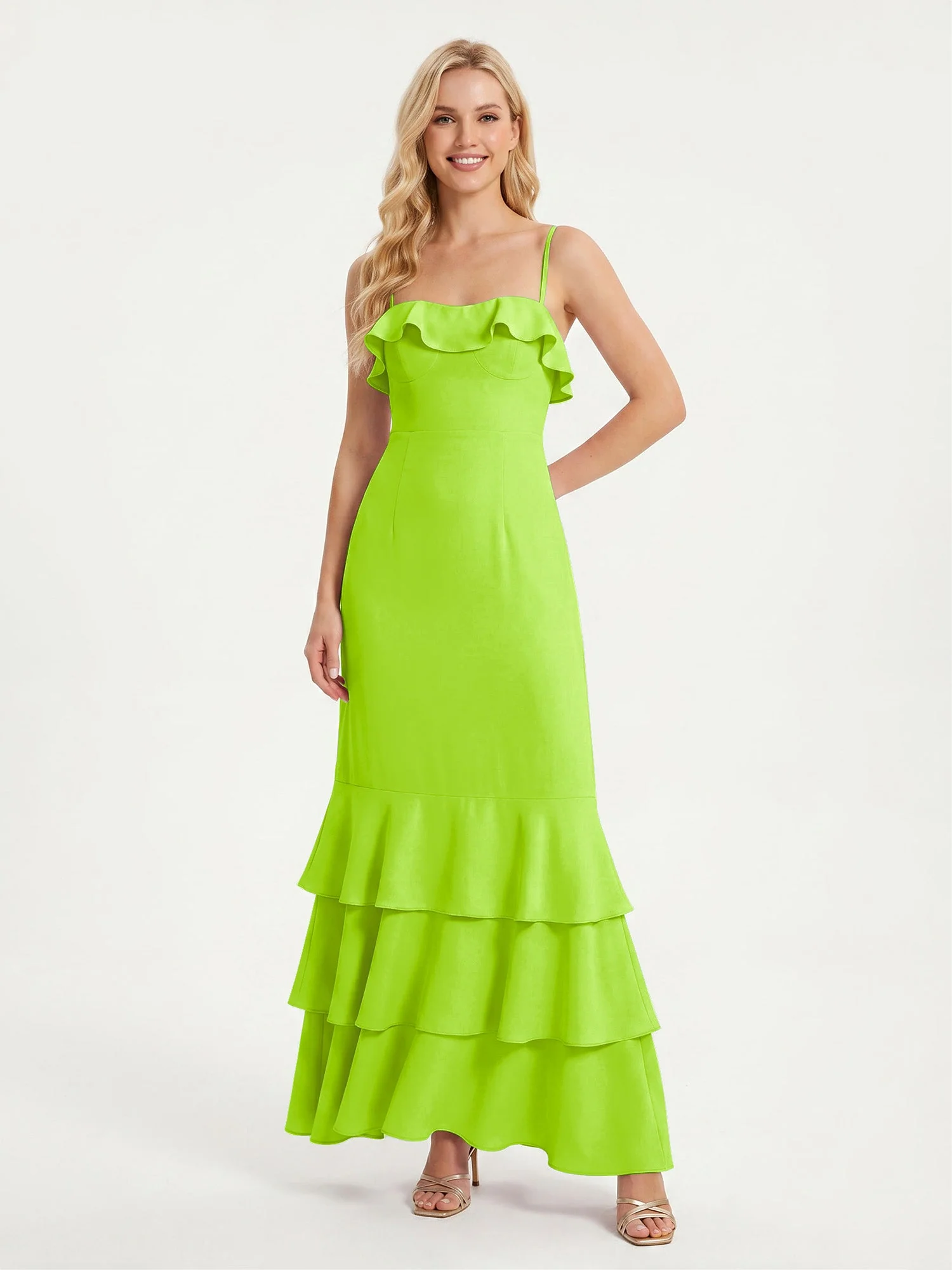 Maxikleid mit Spaghettiträgern und Gestuftem Rüschensaum Lindgrün