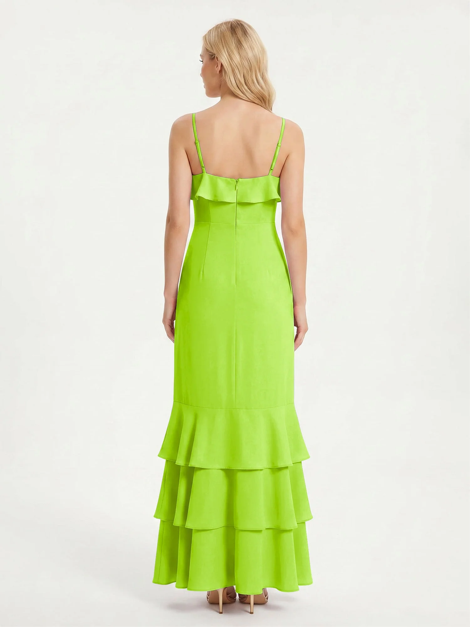 Maxikleid mit Spaghettiträgern und Gestuftem Rüschensaum Lindgrün - Image 2
