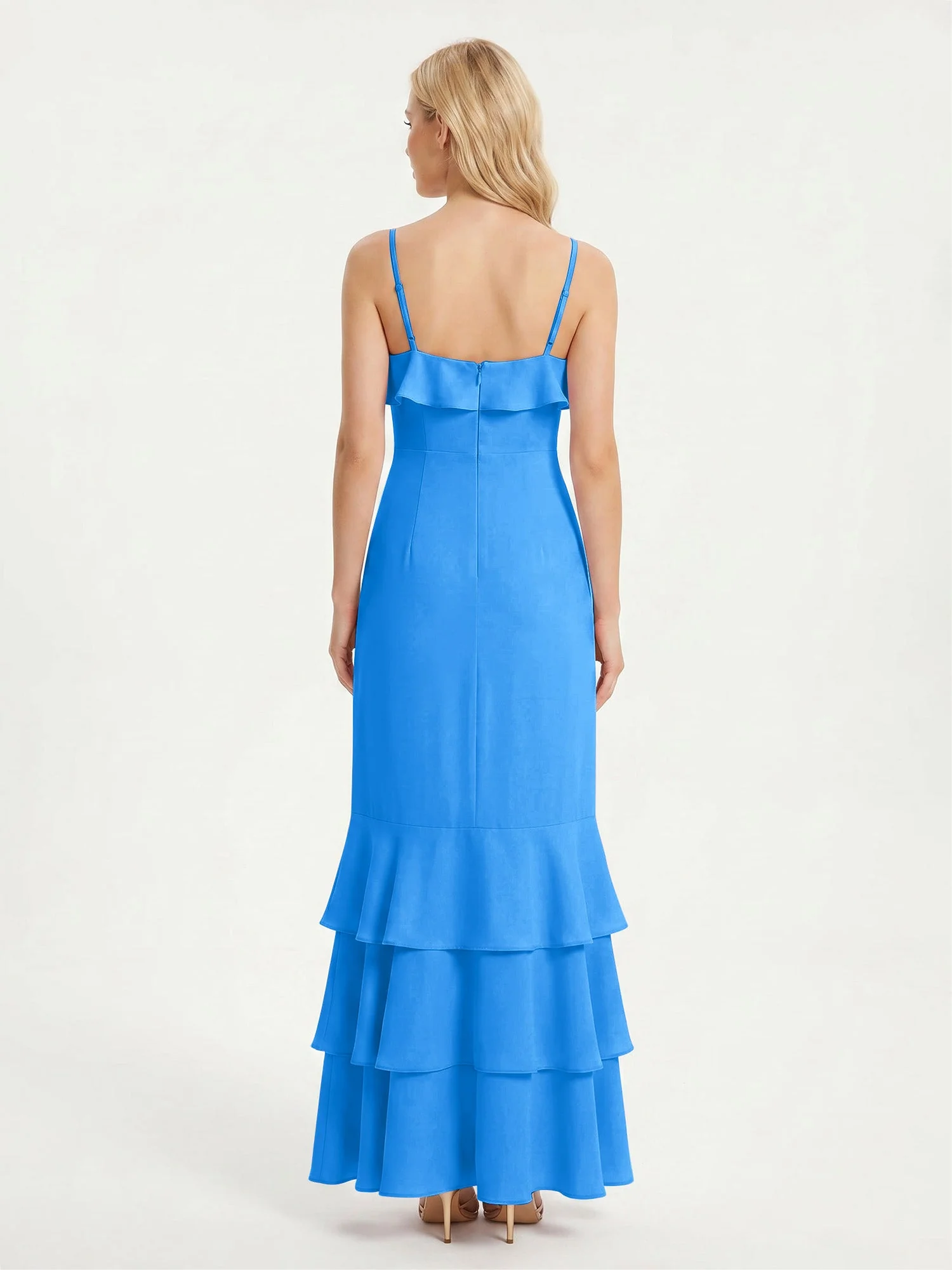 Maxikleid mit Spaghettiträgern und Gestuftem Rüschensaum Meerblau - Image 2