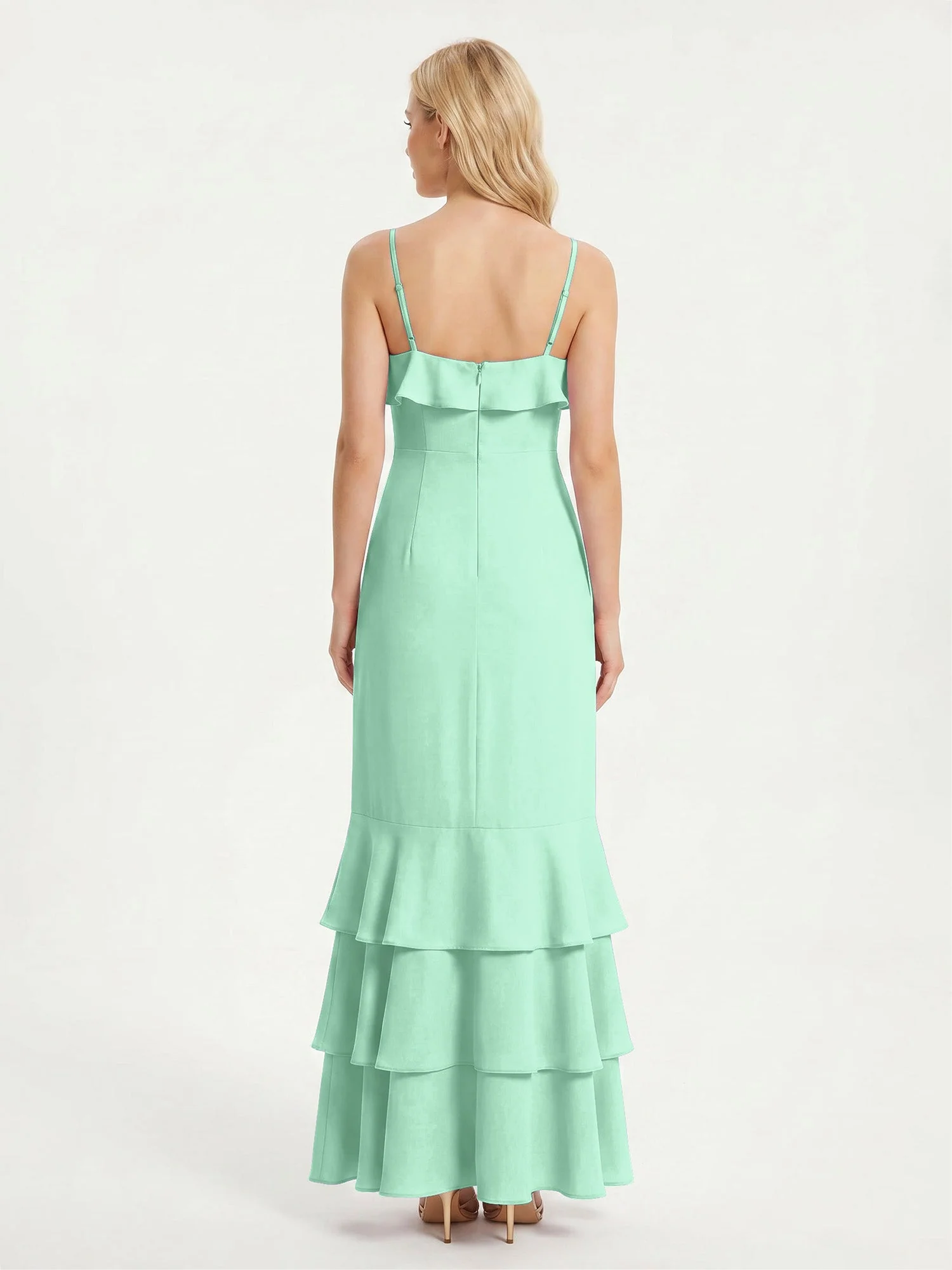 Maxikleid mit Spaghettiträgern und Gestuftem Rüschensaum Minzgrün - Image 2