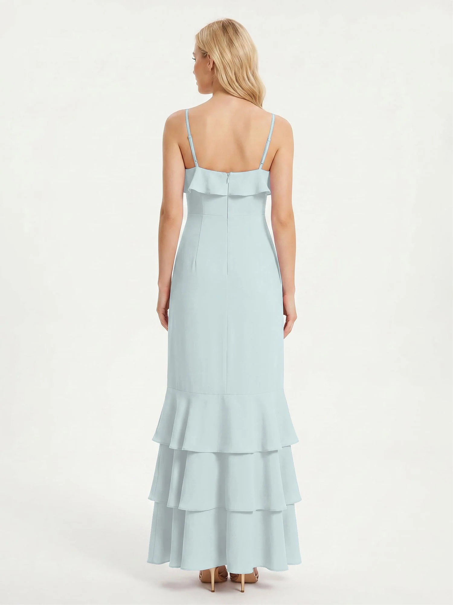 Maxikleid mit Spaghettiträgern und Gestuftem Rüschensaum Nebel - Image 2