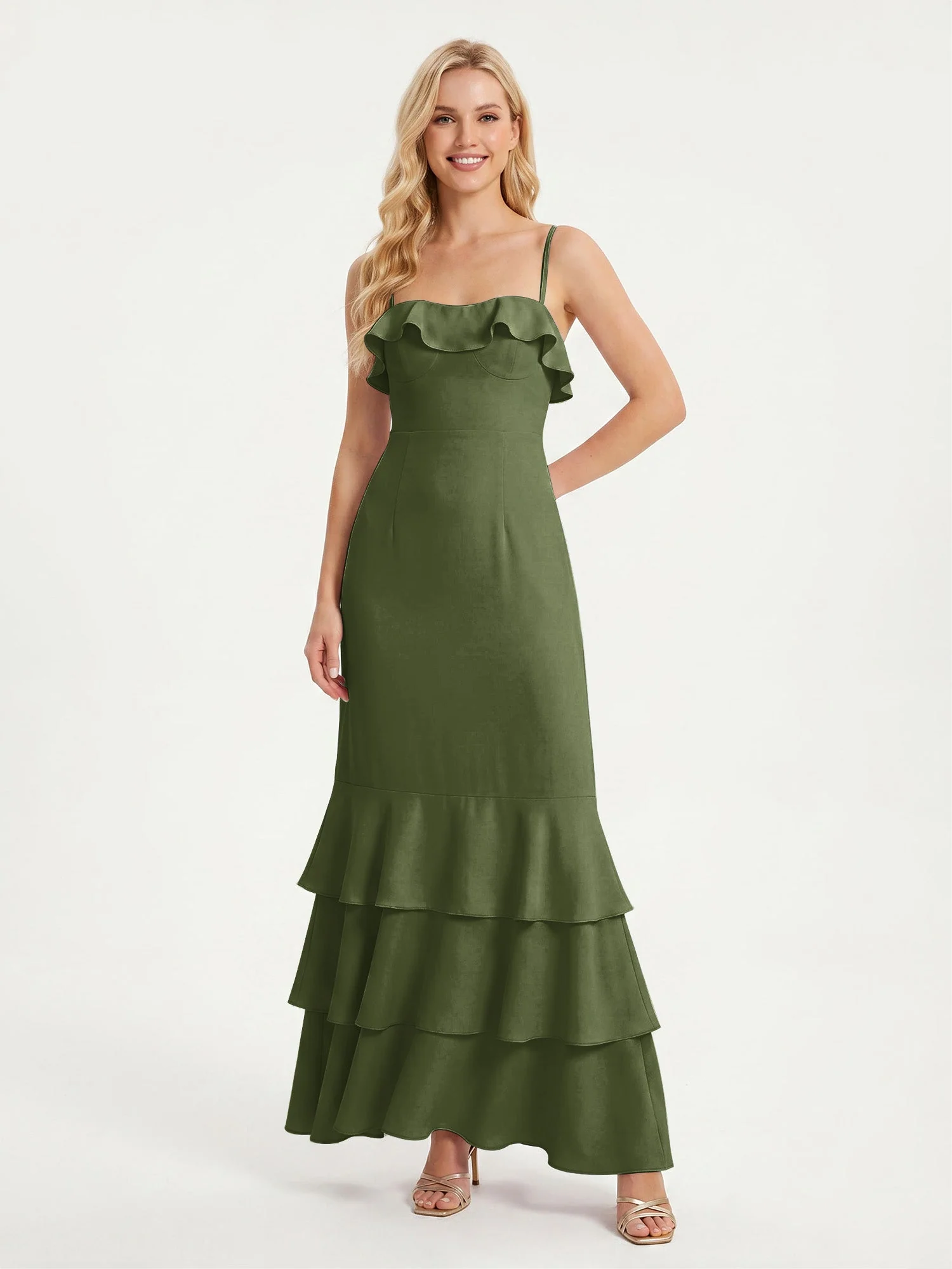 Maxikleid mit Spaghettiträgern und Gestuftem Rüschensaum Olivgrün