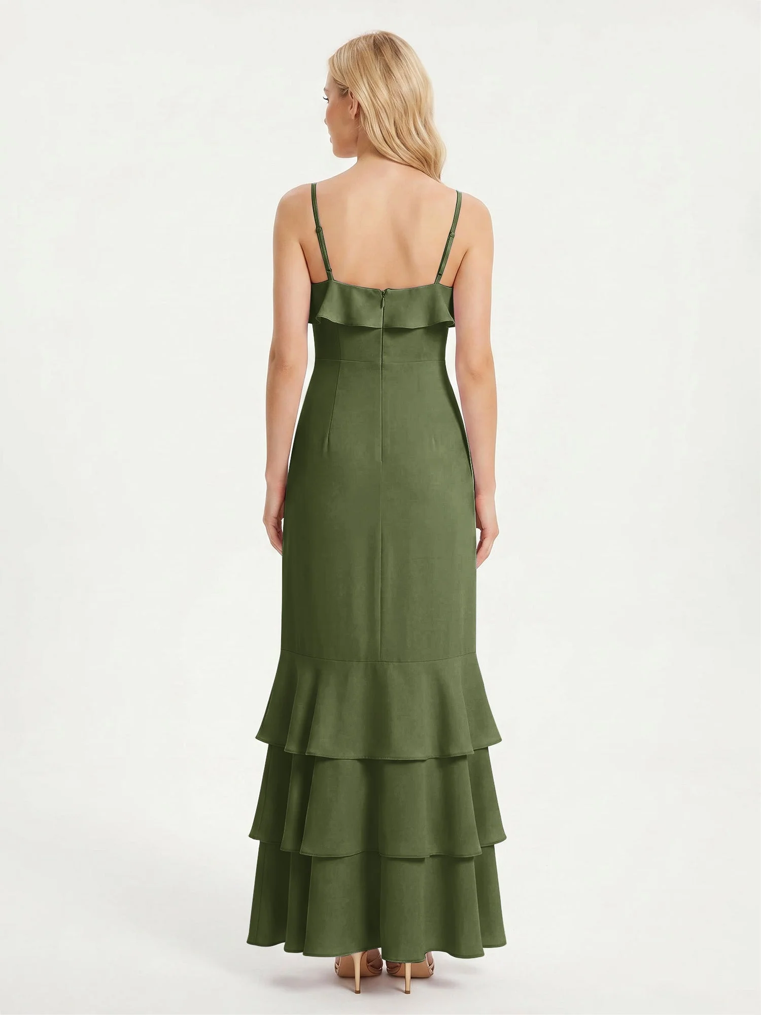 Maxikleid mit Spaghettiträgern und Gestuftem Rüschensaum Olivgrün - Image 2