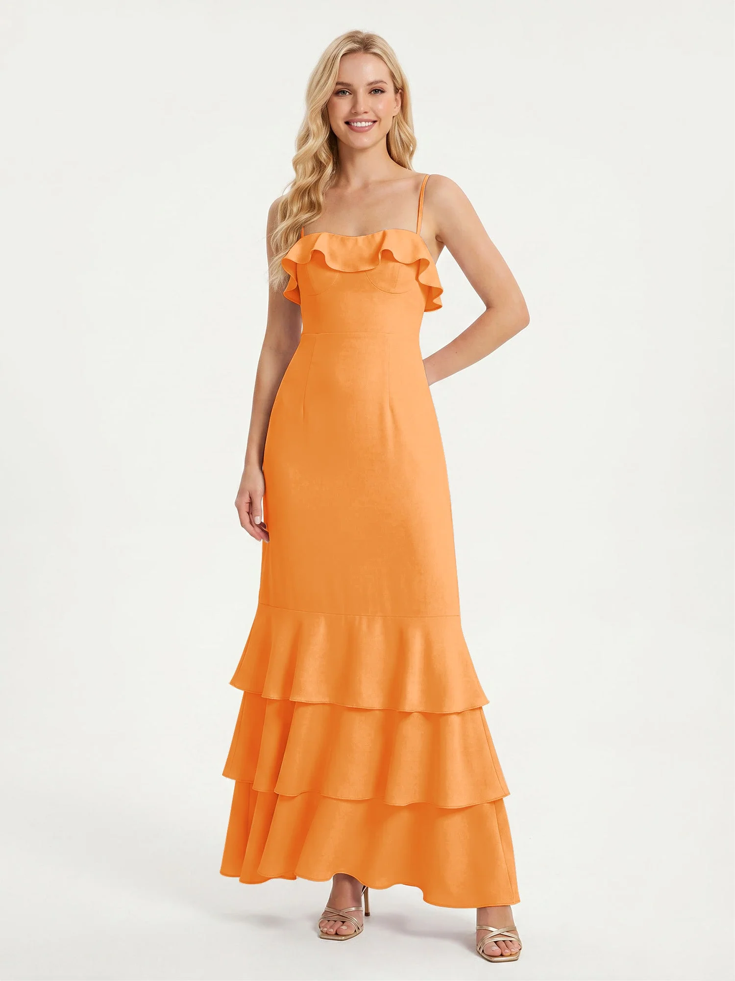 Maxikleid mit Spaghettiträgern und Gestuftem Rüschensaum Orange
