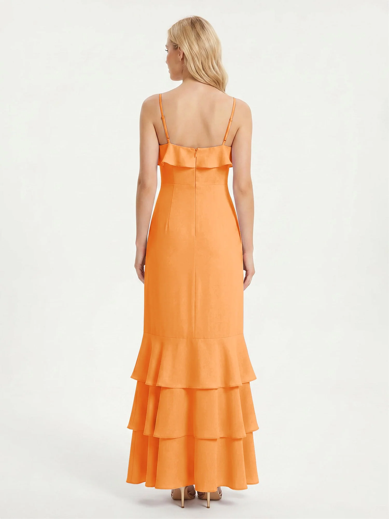 Maxikleid mit Spaghettiträgern und Gestuftem Rüschensaum Orange - Image 2