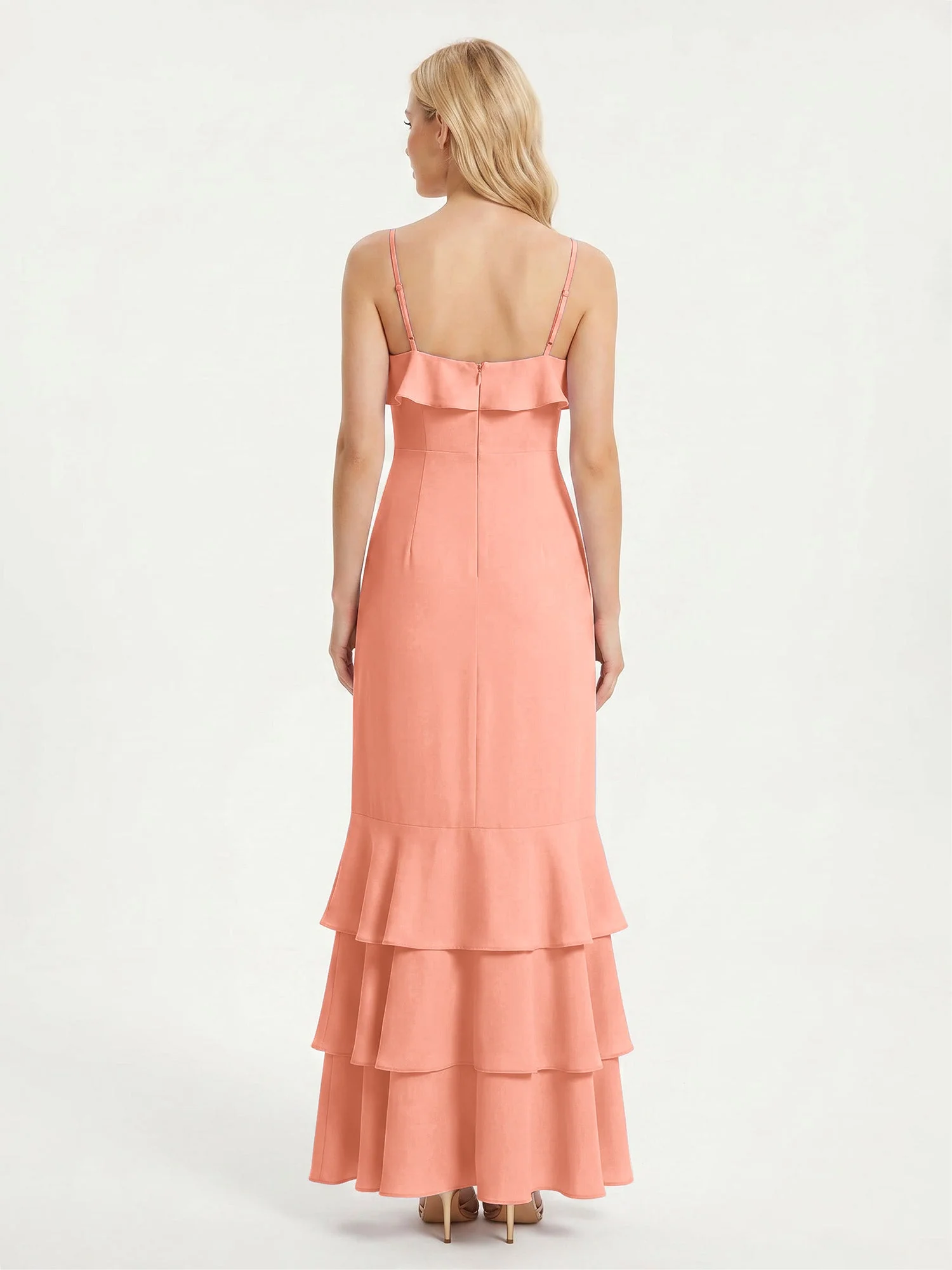 Maxikleid mit Spaghettiträgern und Gestuftem Rüschensaum Papaya - Image 2