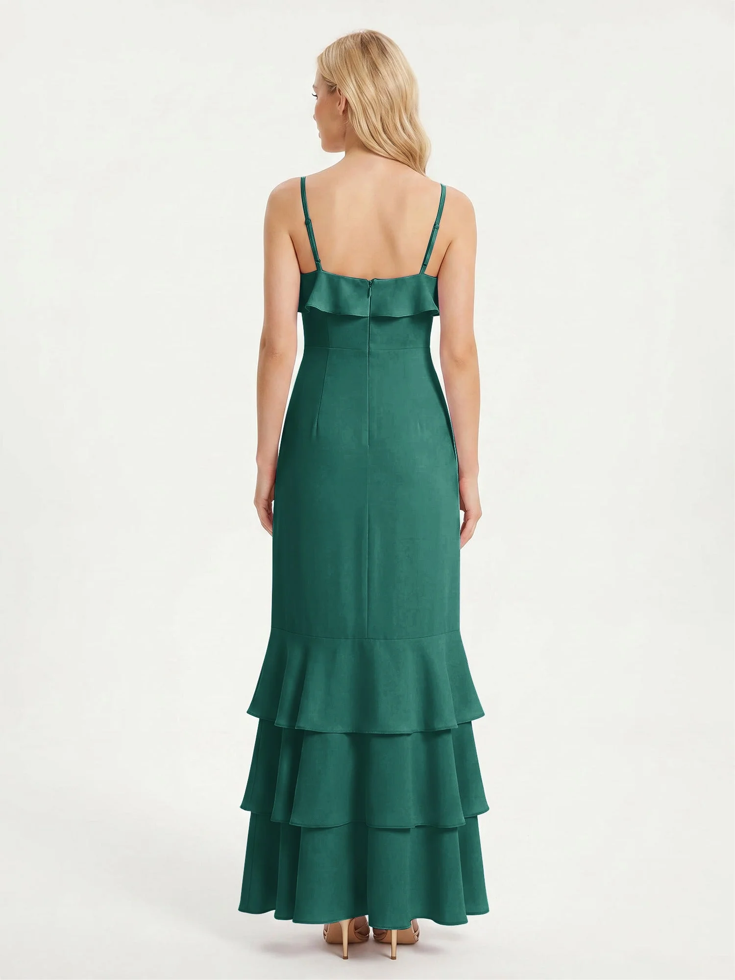 Maxikleid mit Spaghettiträgern und Gestuftem Rüschensaum Pfau - Image 2
