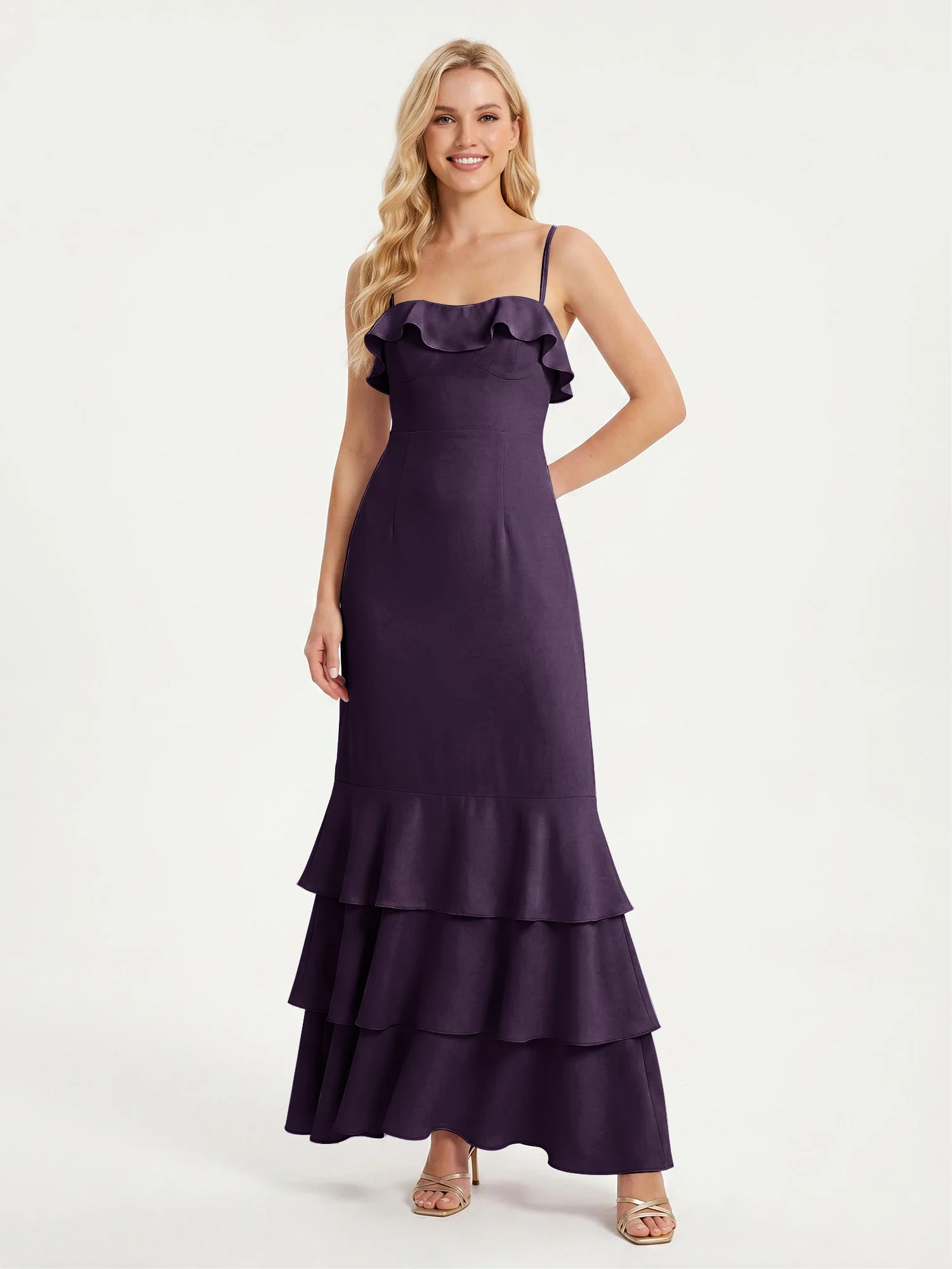 Maxikleid mit Spaghettiträgern und Gestuftem Rüschensaum Plum
