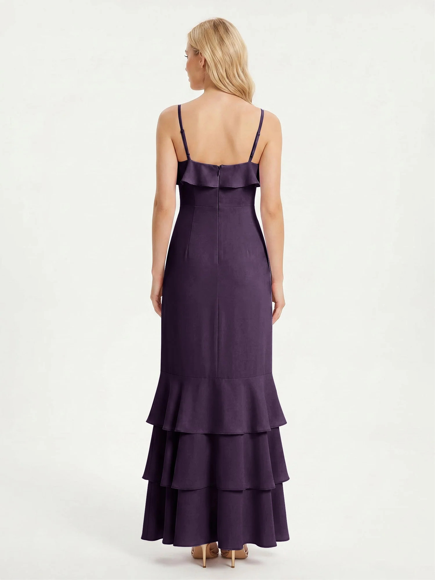 Maxikleid mit Spaghettiträgern und Gestuftem Rüschensaum Plum - Image 2