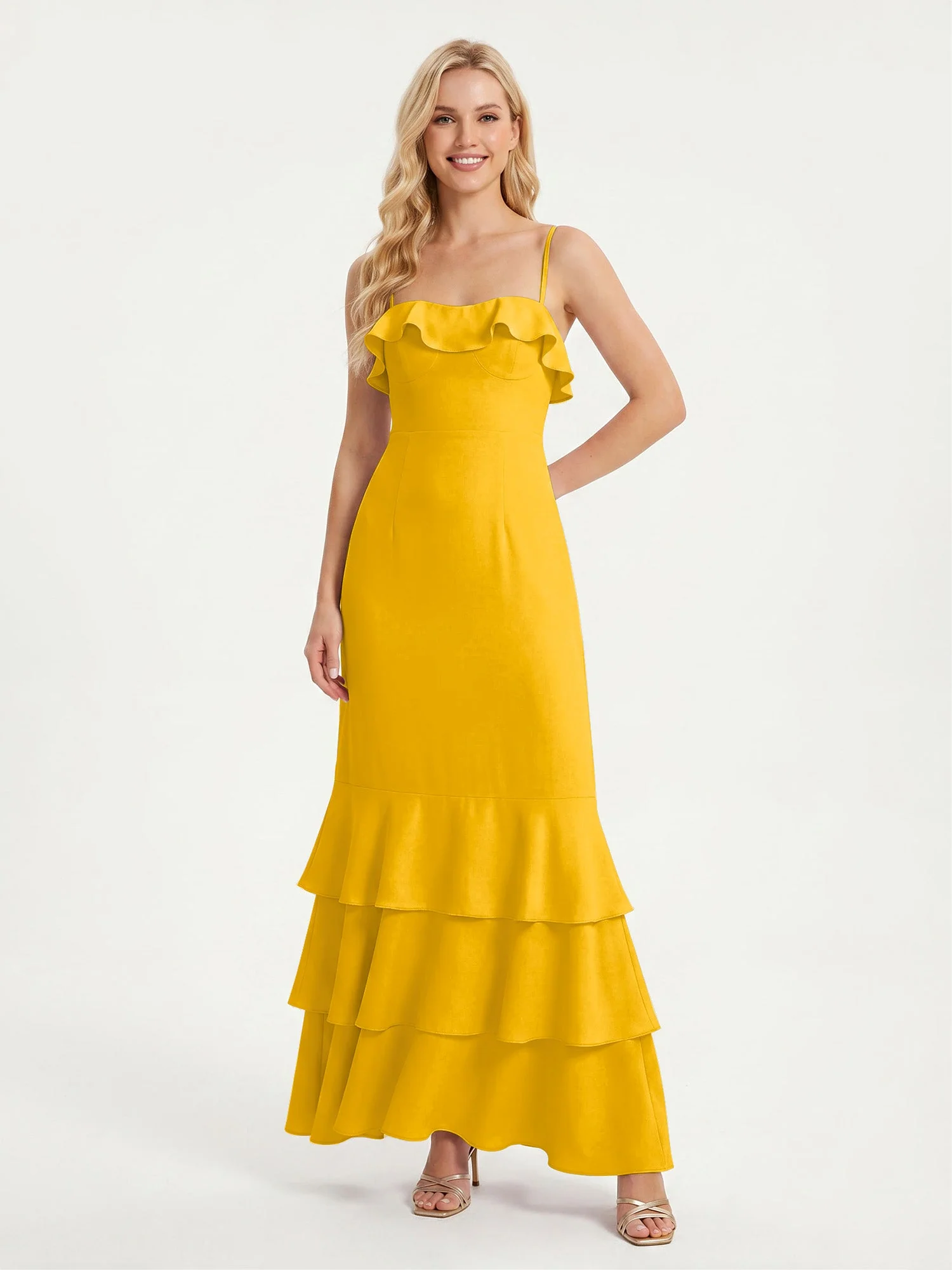 Maxikleid mit Spaghettiträgern und Gestuftem Rüschensaum Ringelblume