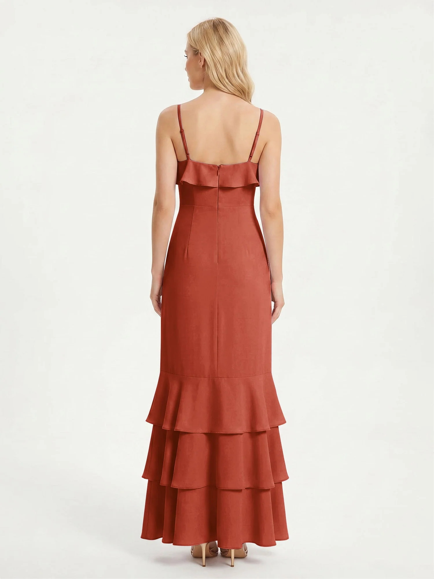 Maxikleid mit Spaghettiträgern und Gestuftem Rüschensaum Rost - Image 2