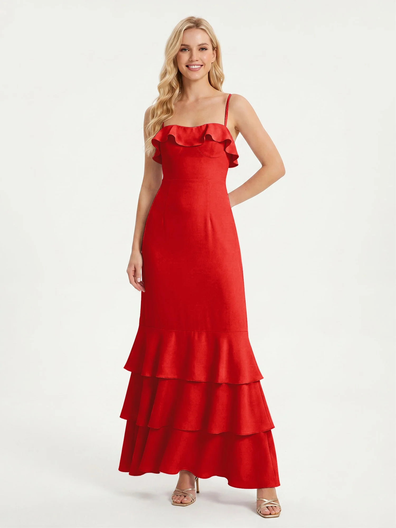 Maxikleid mit Spaghettiträgern und Gestuftem Rüschensaum Rot
