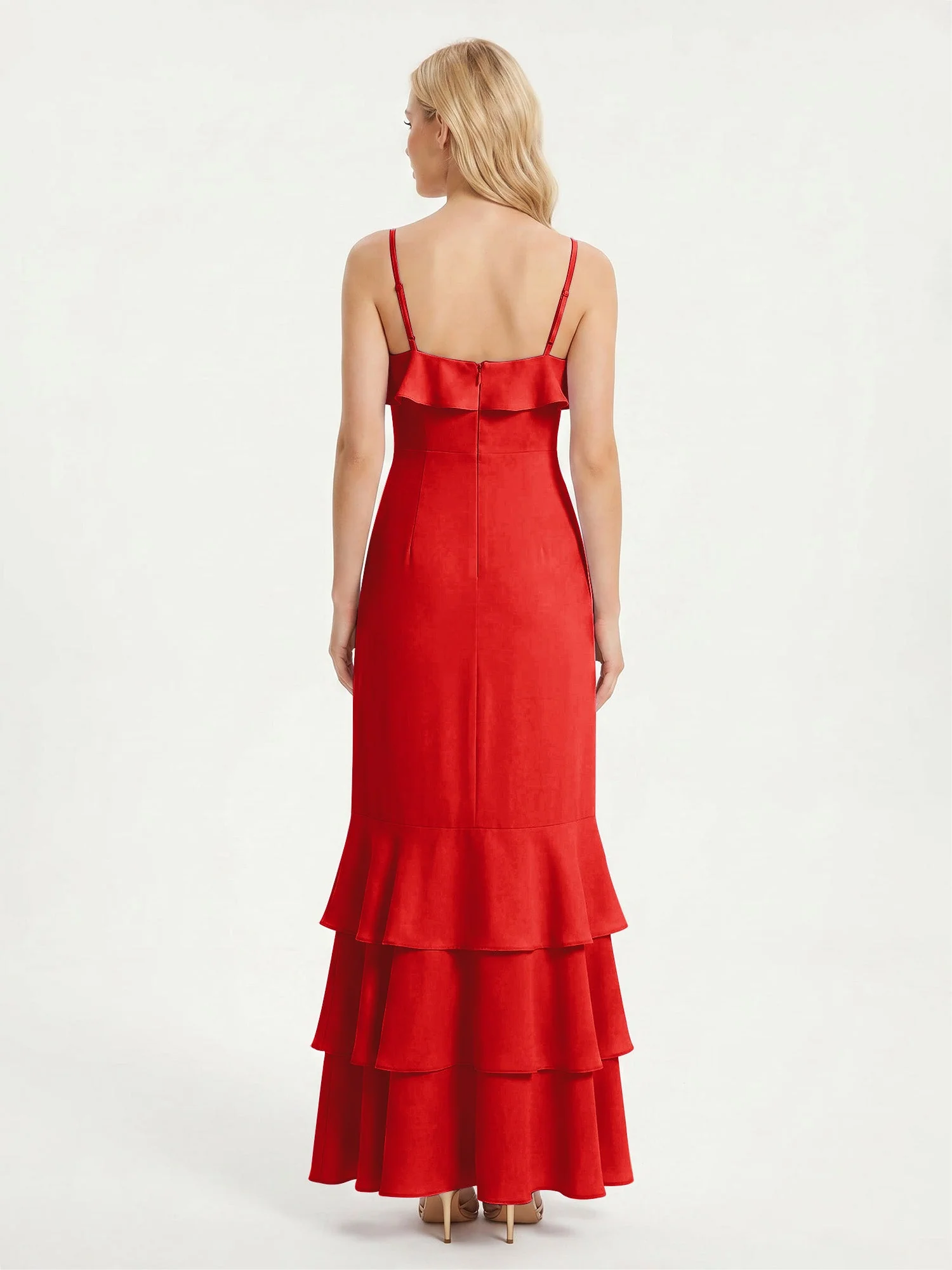 Maxikleid mit Spaghettiträgern und Gestuftem Rüschensaum Rot - Image 2