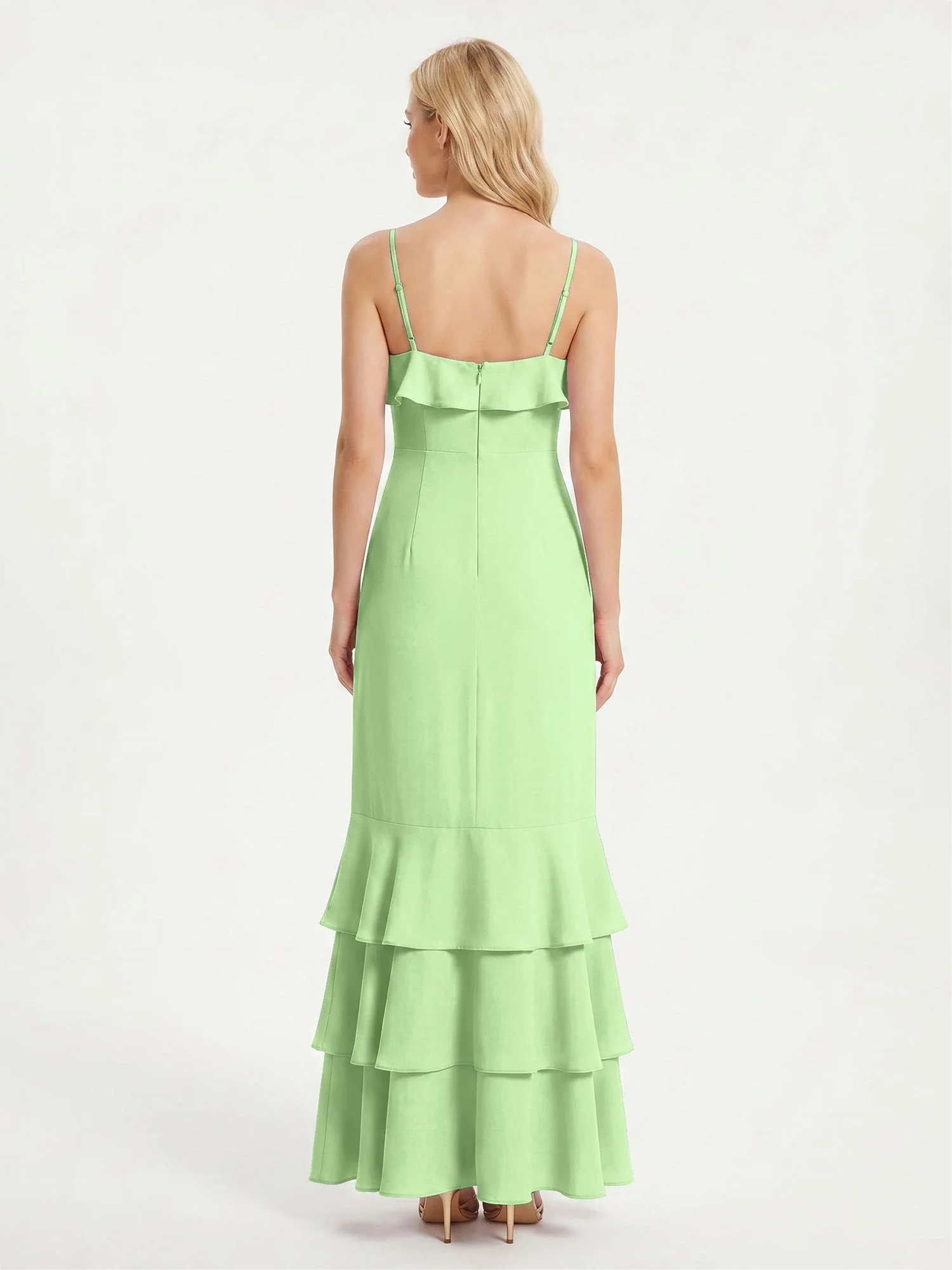 Maxikleid mit Spaghettiträgern und Gestuftem Rüschensaum Salbei - Image 2