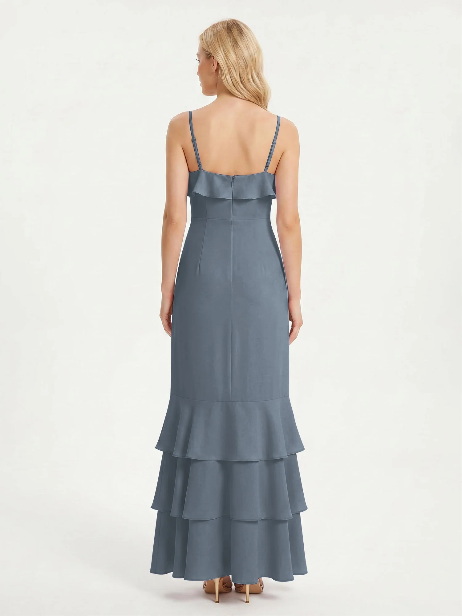 Maxikleid mit Spaghettiträgern und Gestuftem Rüschensaum Schiefer Blau - Image 2