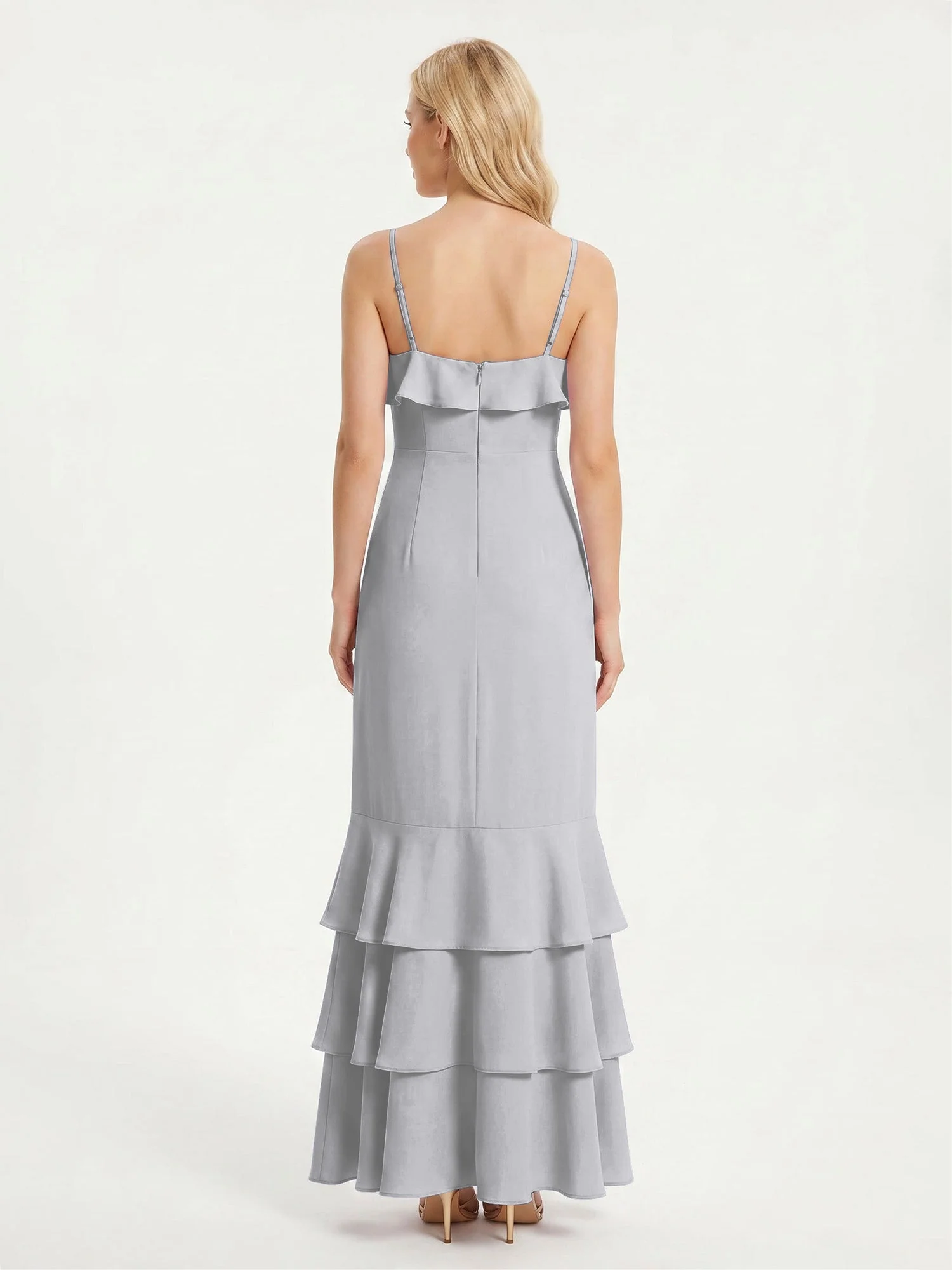 Maxikleid mit Spaghettiträgern und Gestuftem Rüschensaum Silber - Image 2