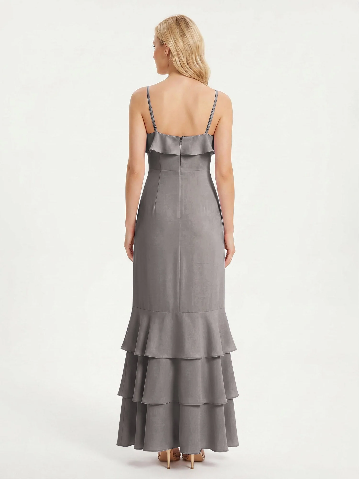 Maxikleid mit Spaghettiträgern und Gestuftem Rüschensaum Stahlgrau - Image 2