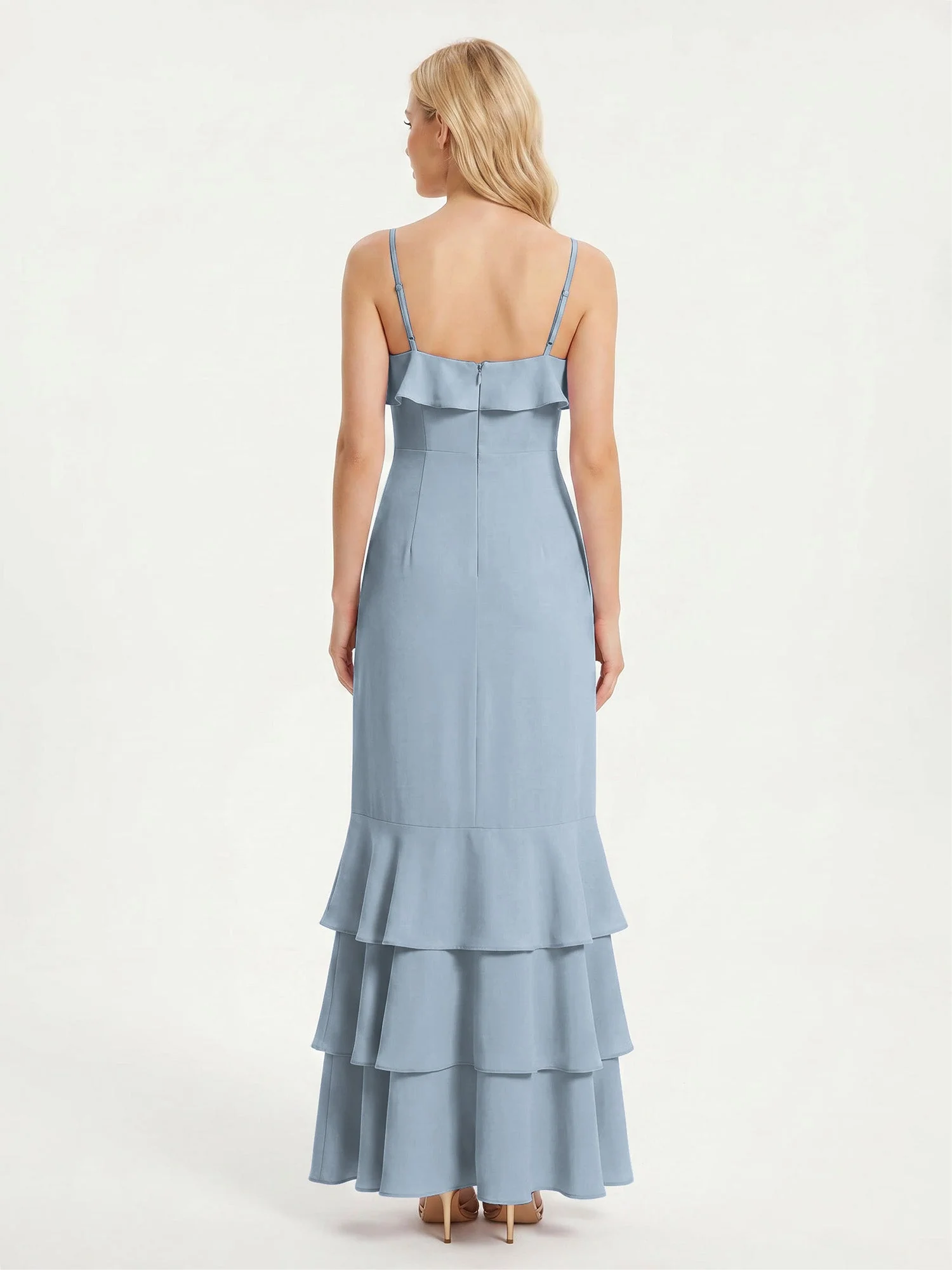 Maxikleid mit Spaghettiträgern und Gestuftem Rüschensaum Staubiges Blau - Image 2