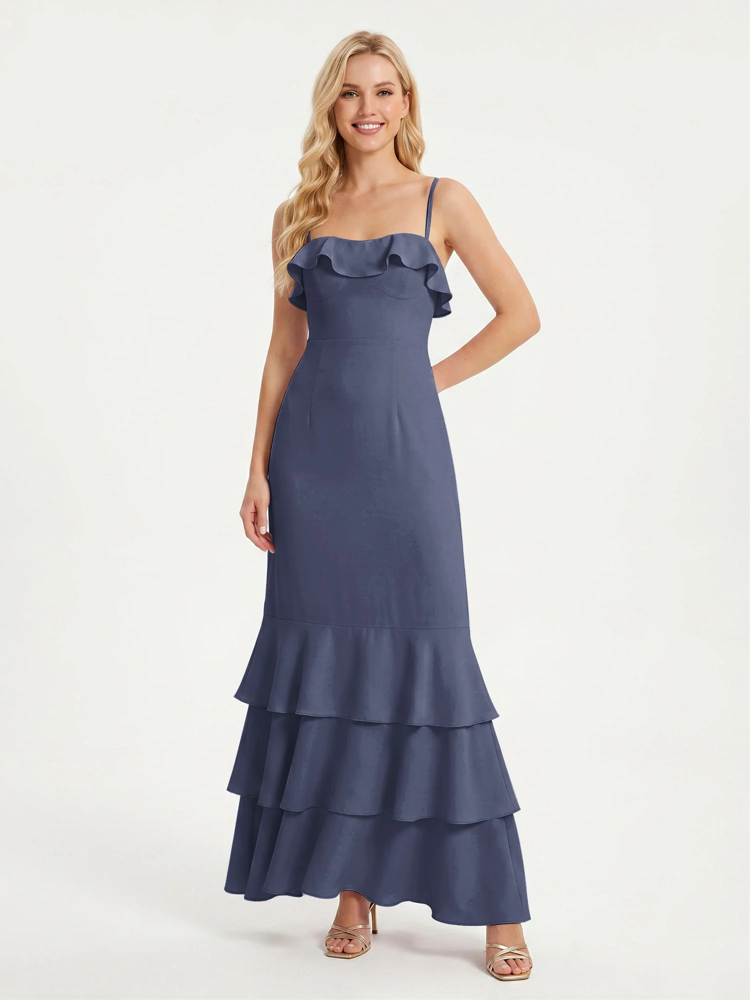 Maxikleid mit Spaghettiträgern und Gestuftem Rüschensaum Sturm