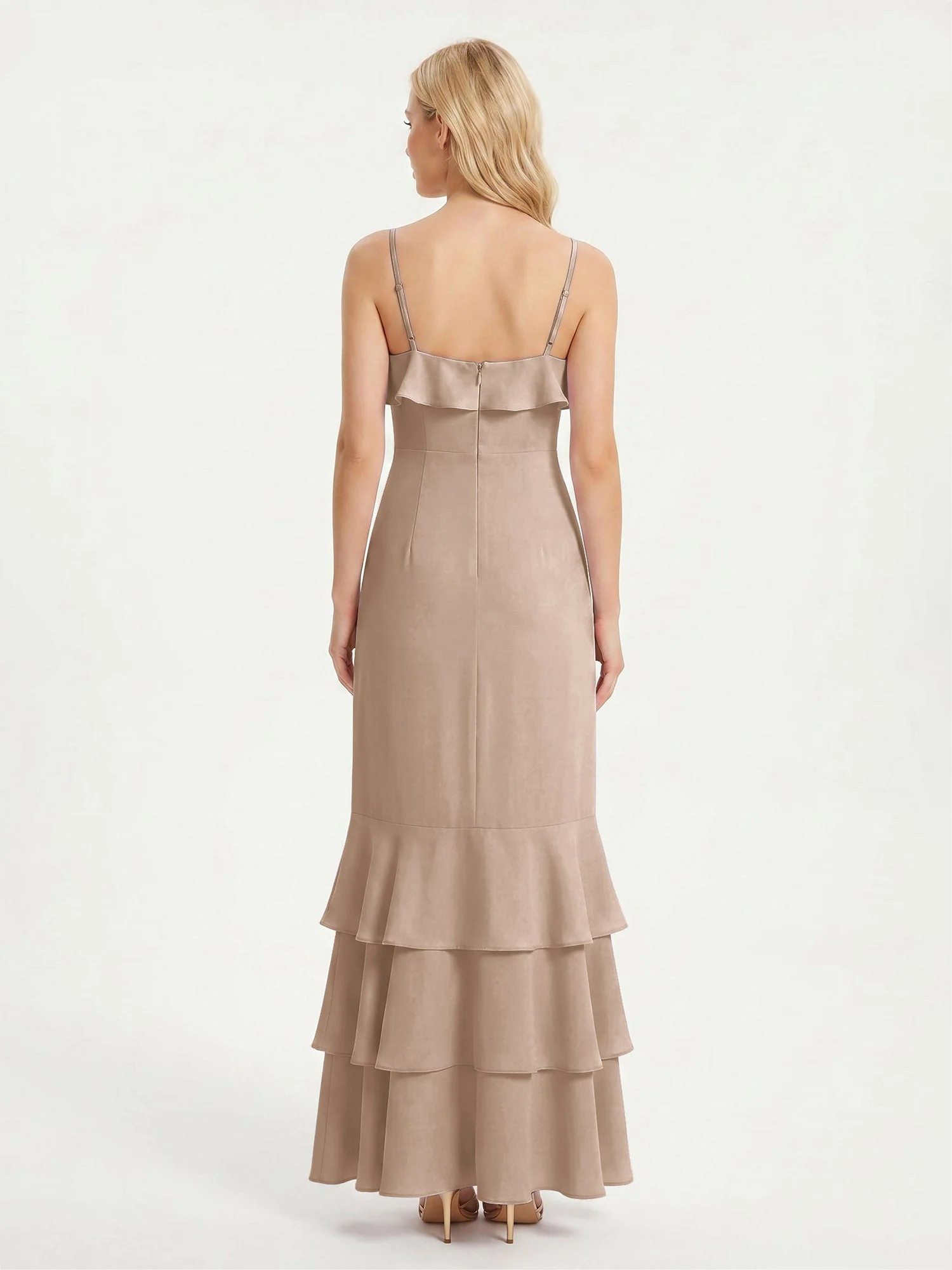 Maxikleid mit Spaghettiträgern und Gestuftem Rüschensaum Taupe - Image 2