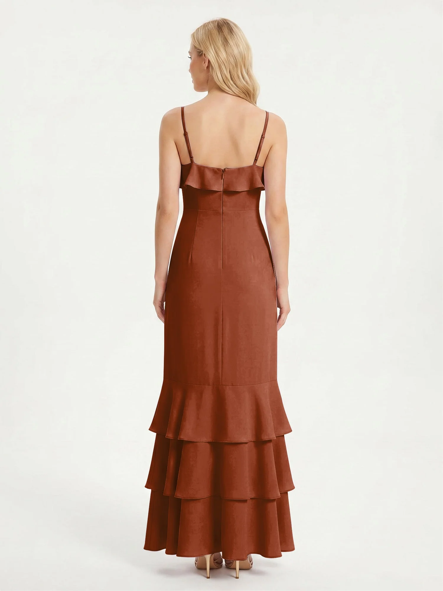 Maxikleid mit Spaghettiträgern und Gestuftem Rüschensaum Terrakotta - Image 2