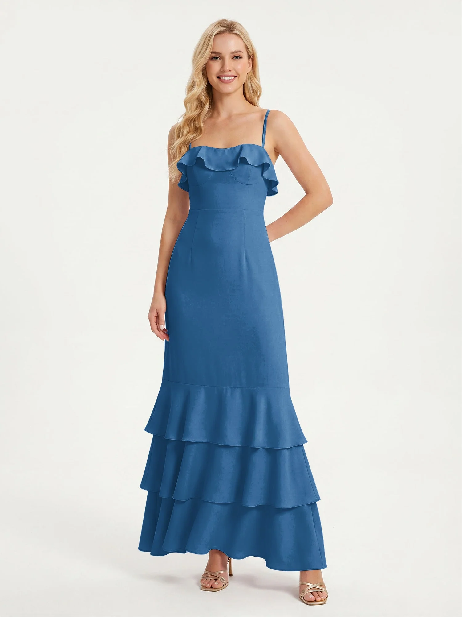 Maxikleid mit Spaghettiträgern und Gestuftem Rüschensaum Tinte Blau