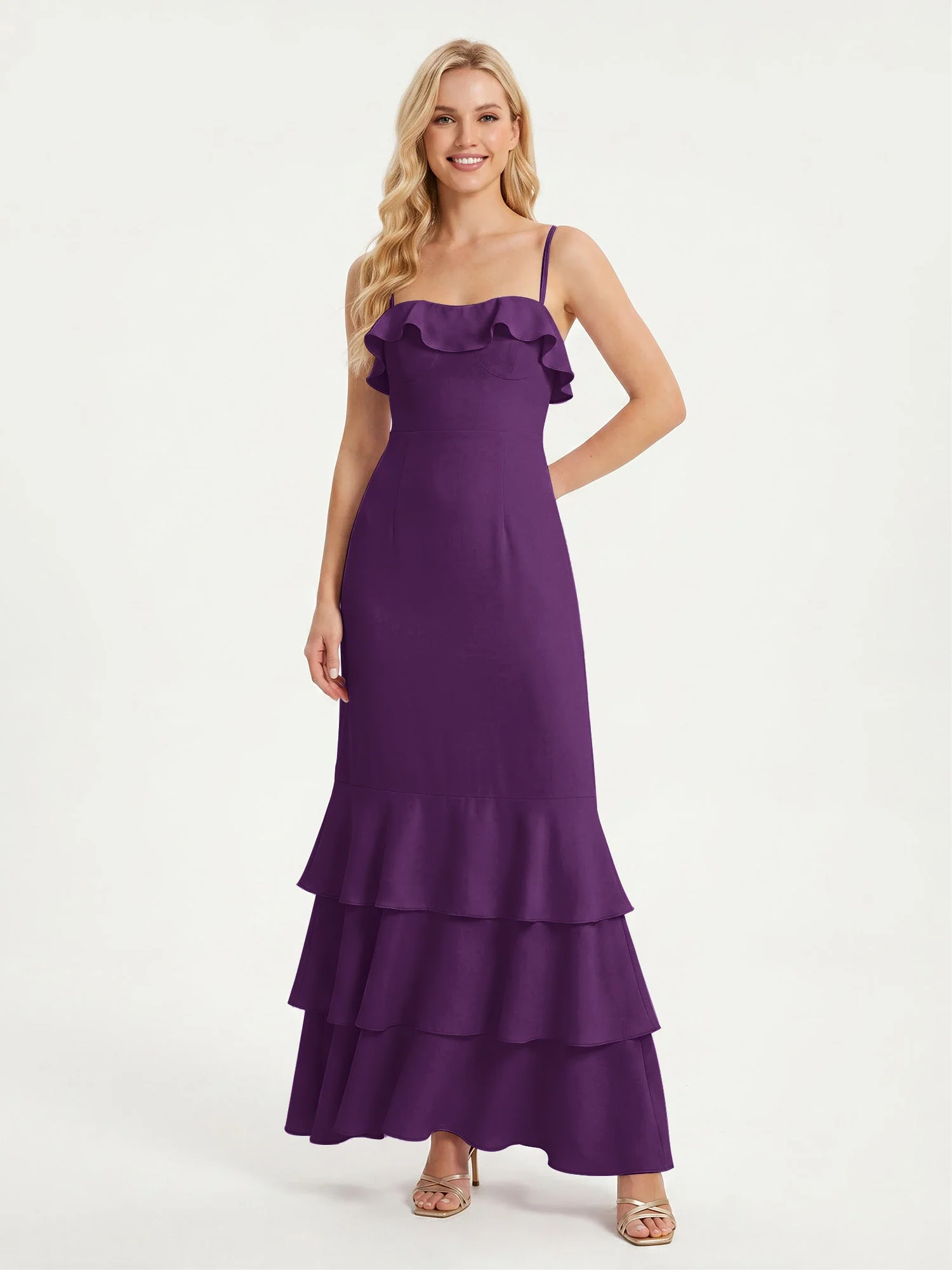 Maxikleid mit Spaghettiträgern und Gestuftem Rüschensaum Traube