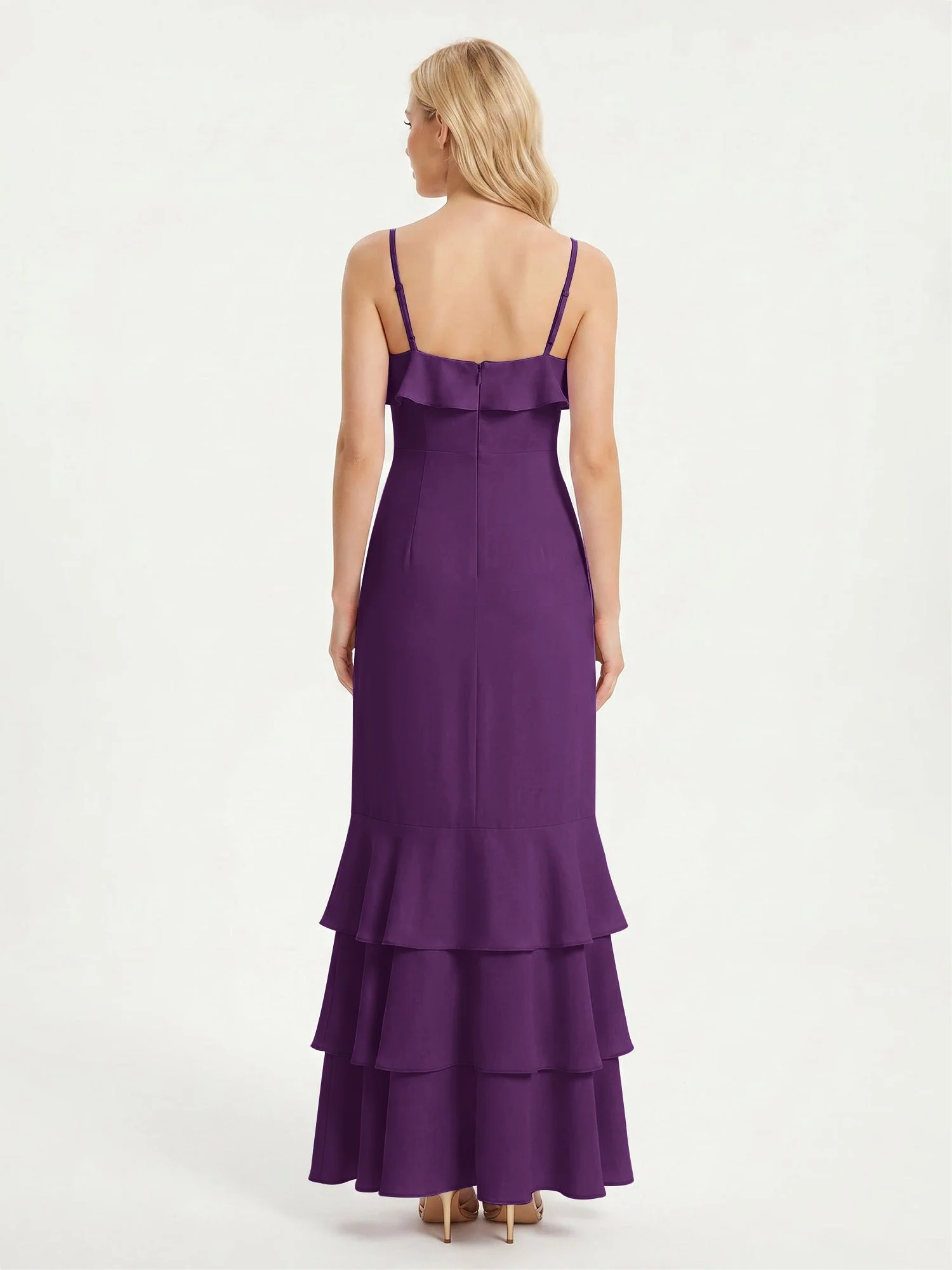 Maxikleid mit Spaghettiträgern und Gestuftem Rüschensaum Traube - Image 2