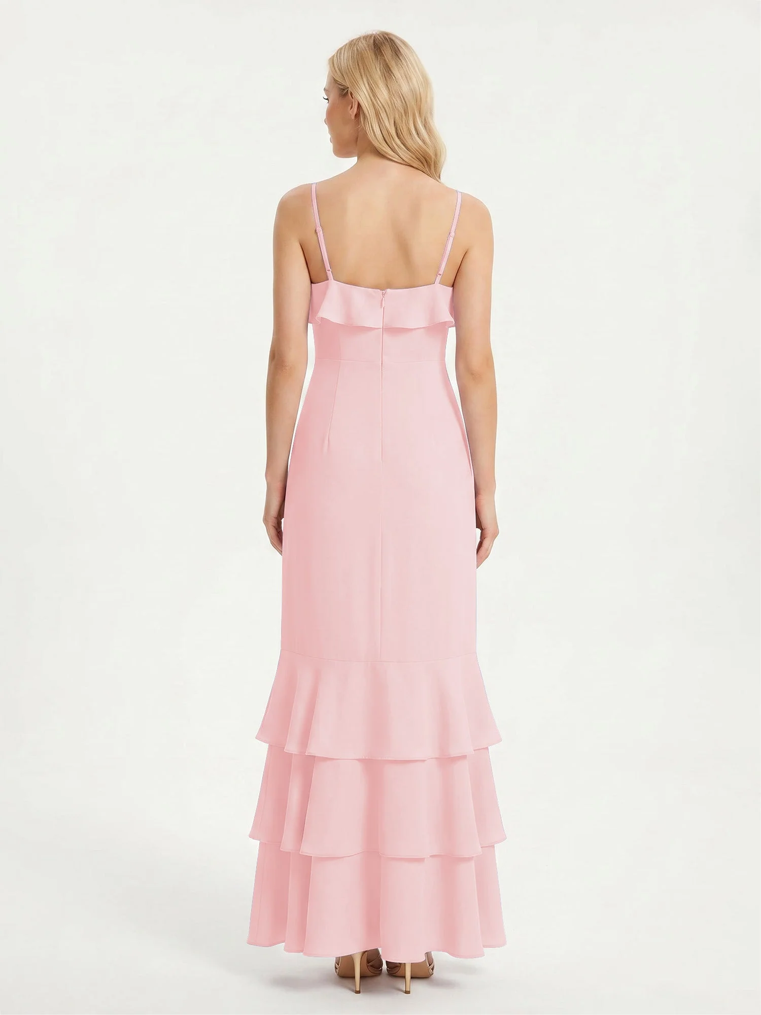 Maxikleid mit Spaghettiträgern und Gestuftem Rüschensaum Zartrosa - Image 2