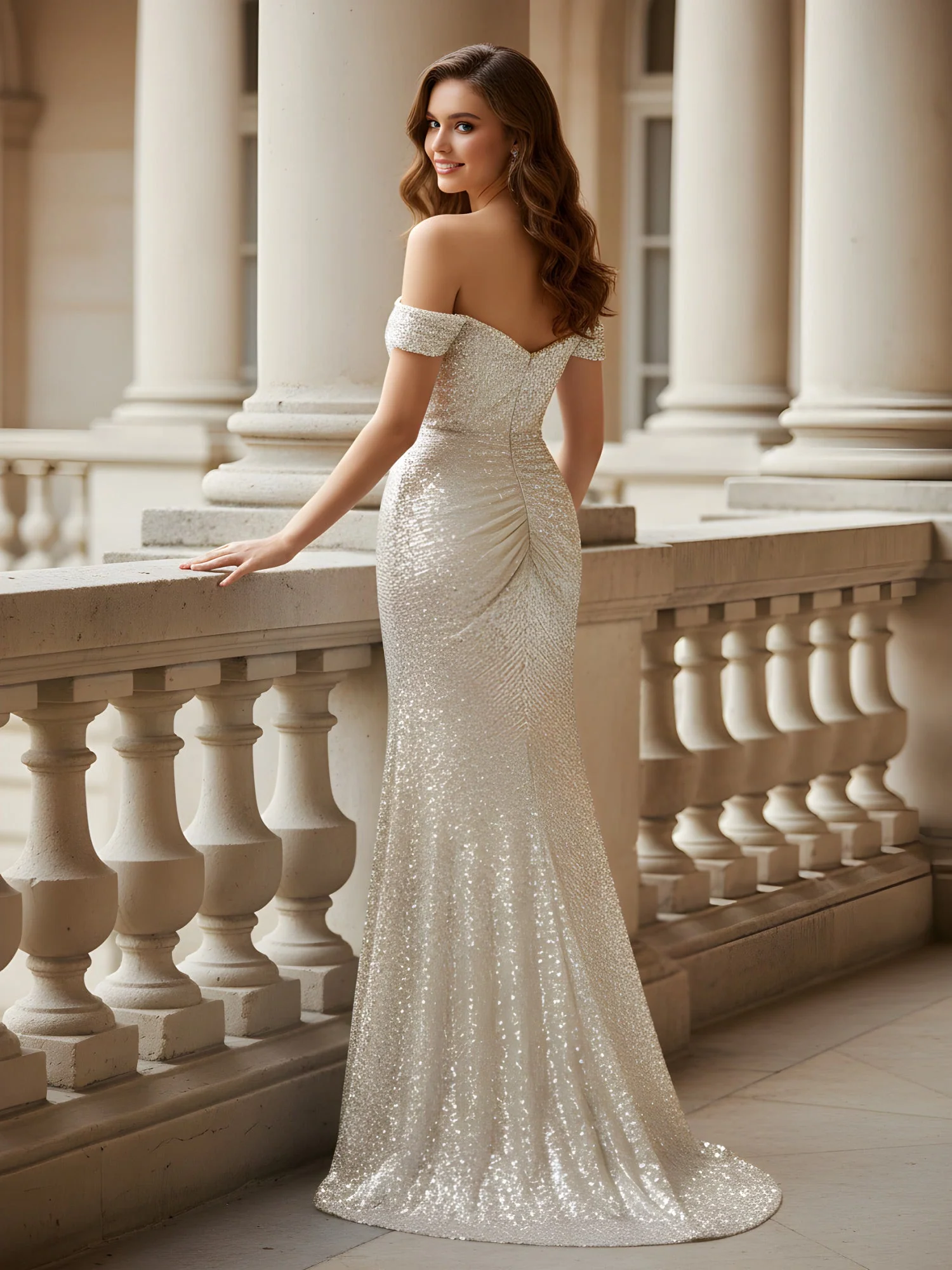 Plissee Schulterfrei Pailletten Kleid mit Schlitz Champagner - Image 2