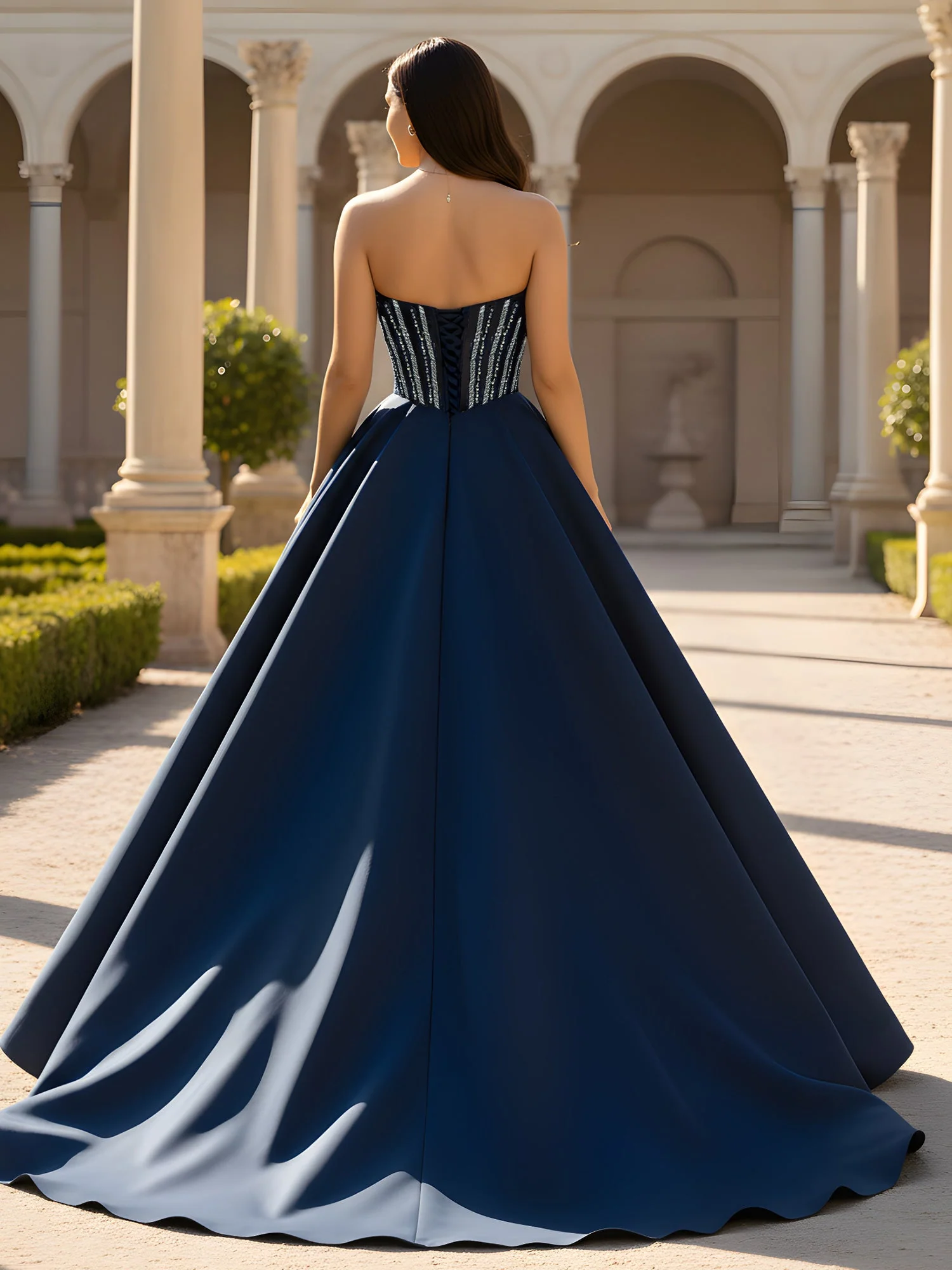 Plissee Korsett Oberteil Voll A-Linie Rock Kleid Dunkelmarine - Image 2