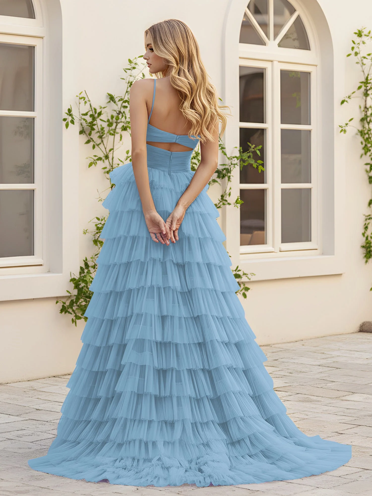 Herzform Ausschnitt Stufen Schleppe Kleid mit Schlitz Blau - Image 2