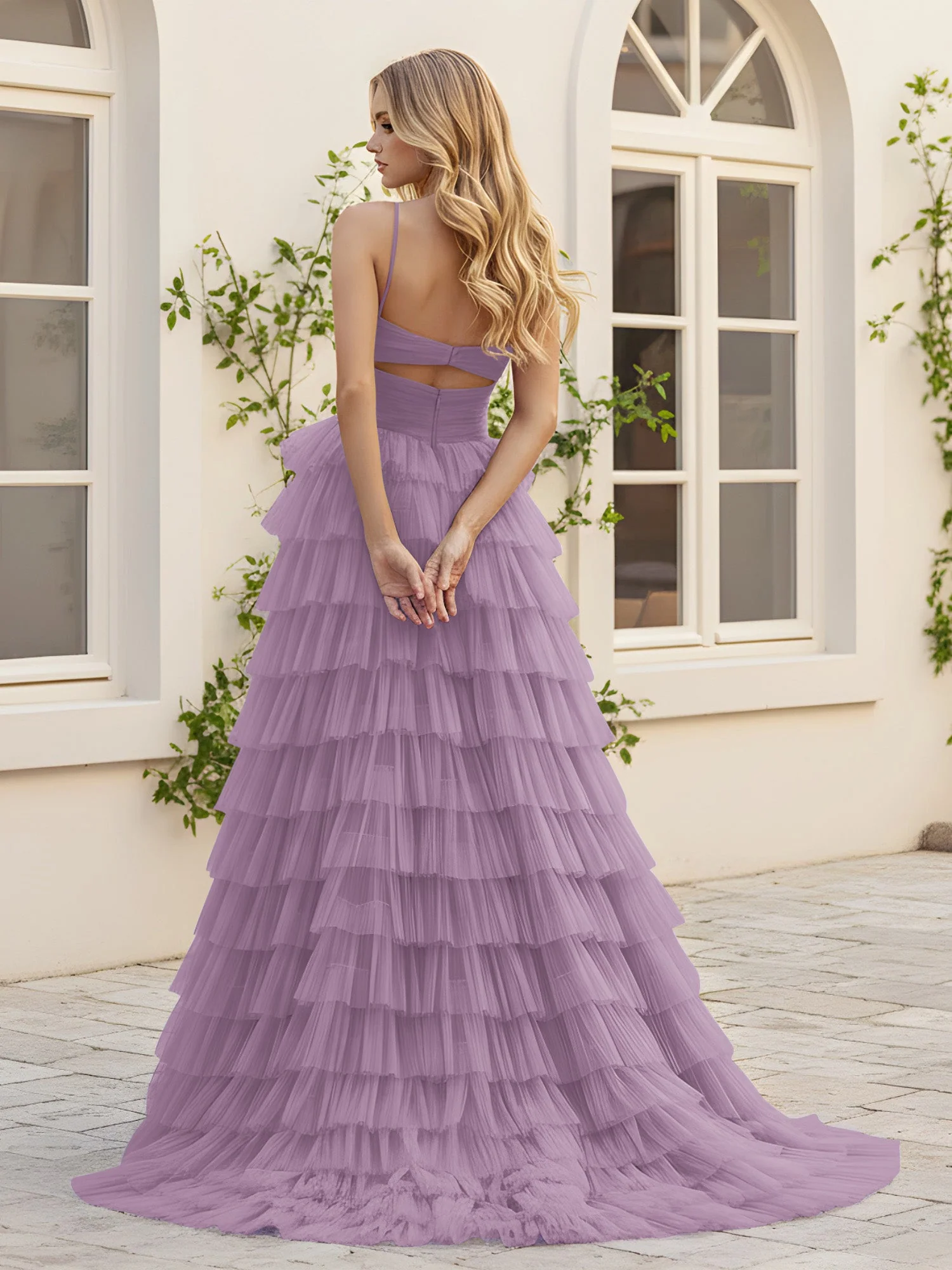 Herzform Ausschnitt Stufen Schleppe Kleid mit Schlitz Blauregen - Image 2