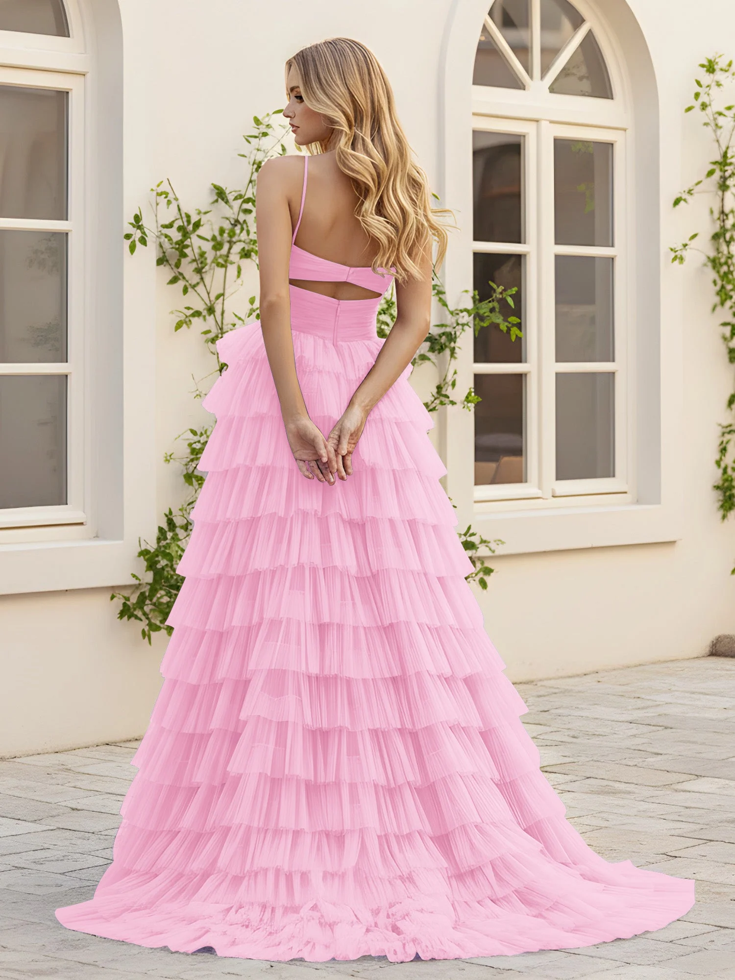 Herzform Ausschnitt Stufen Schleppe Kleid mit Schlitz Bonbonrosa - Image 2