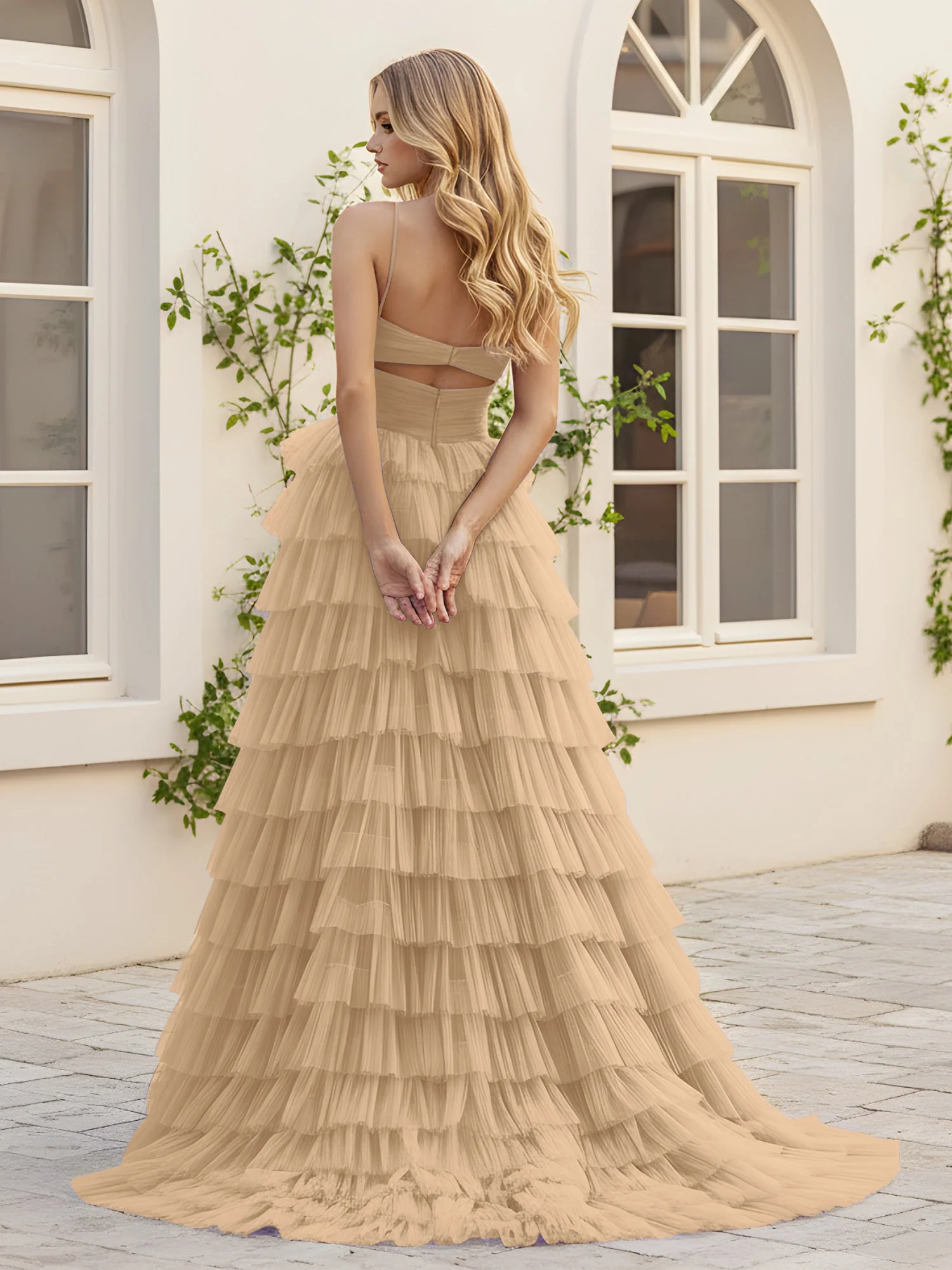 Herzform Ausschnitt Stufen Schleppe Kleid mit Schlitz Champagner - Image 2