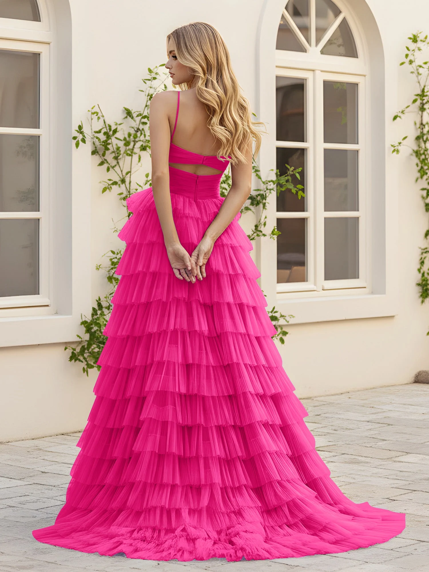 Herzform Ausschnitt Stufen Schleppe Kleid mit Schlitz Fuchsia - Image 2