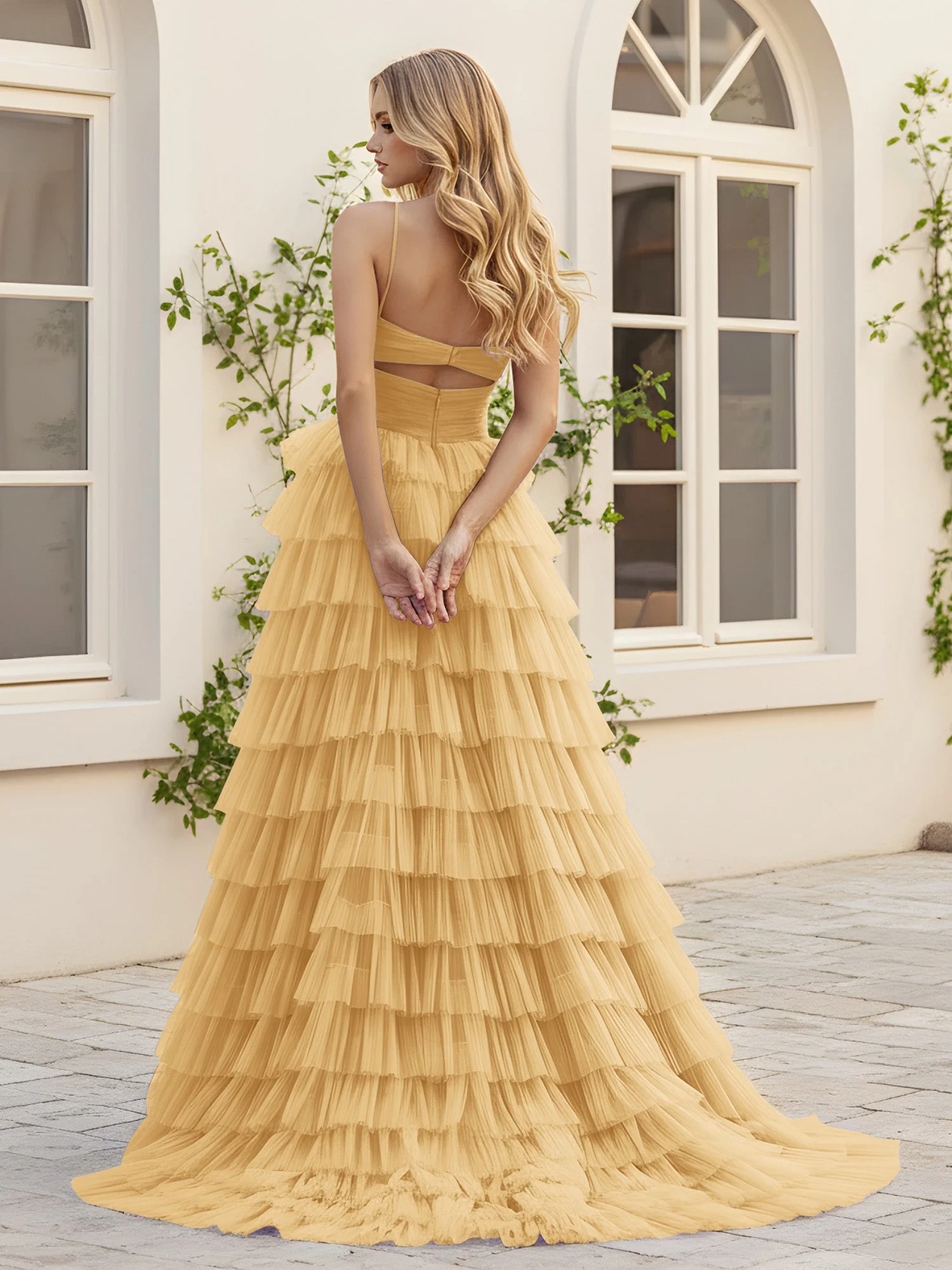 Herzform Ausschnitt Stufen Schleppe Kleid mit Schlitz Gold - Image 2